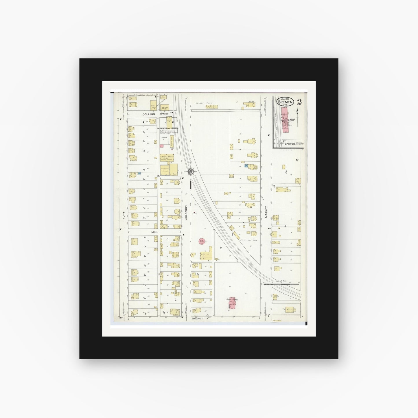 Old map wall art mockup — black gallery frame with white mat — Sanborn Fire Insurance Map from Bremen, Fairfield County, Ohio (1916), Sheet #0002