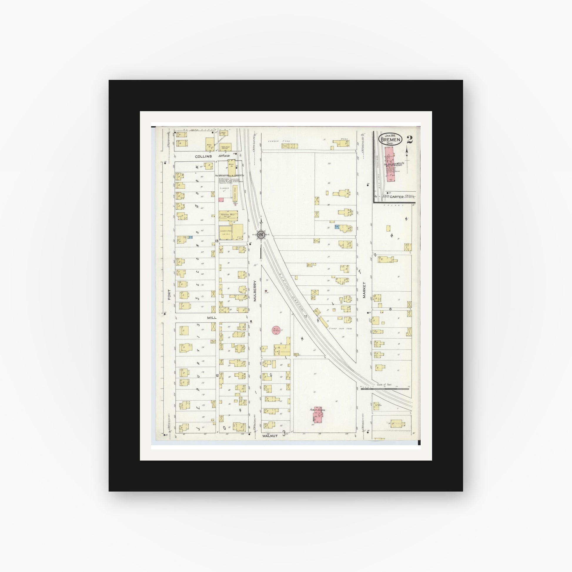 Old map wall art mockup — black gallery frame with white mat — Sanborn Fire Insurance Map from Bremen, Fairfield County, Ohio (1916), Sheet #0002