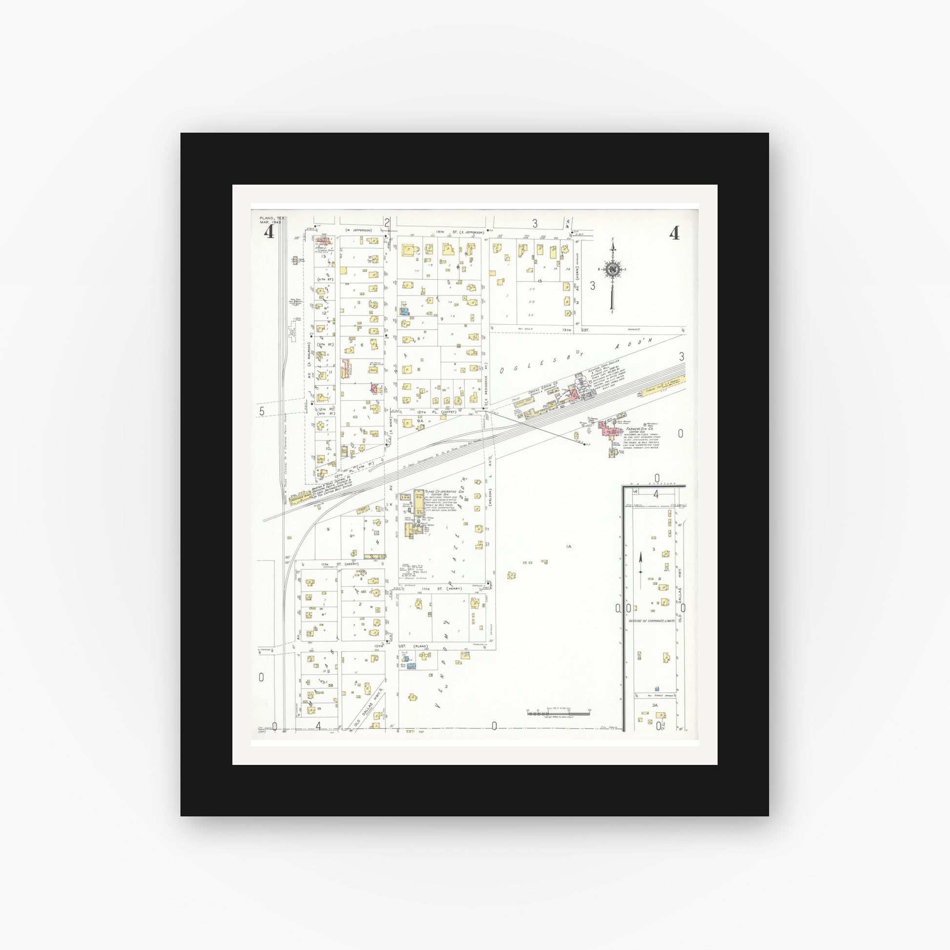 Old map wall art mockup — black gallery frame with white mat — Sanborn Fire Insurance Map from Plano, Collin County, Texas (1949), Sheet #0004