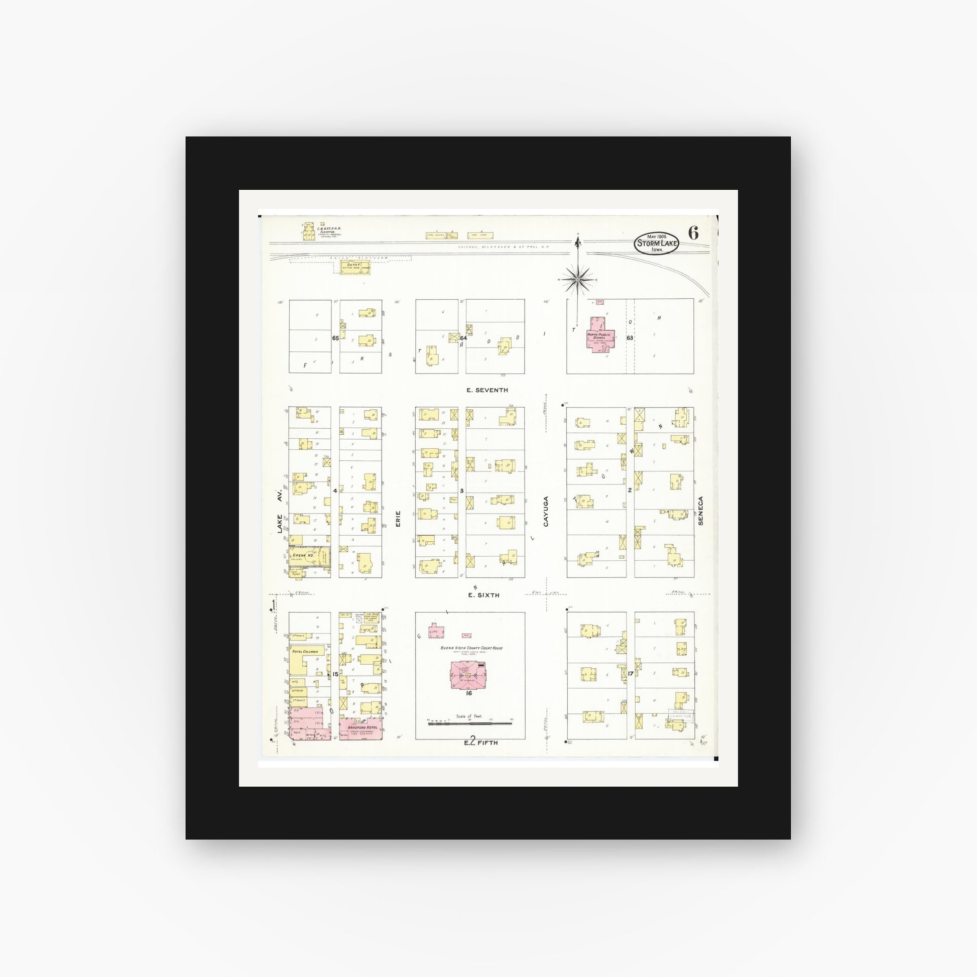Old map wall art mockup — black gallery frame with white mat — Sanborn Fire Insurance Map from Storm Lake, Buena Vista County, Iowa (1909), Sheet #0006