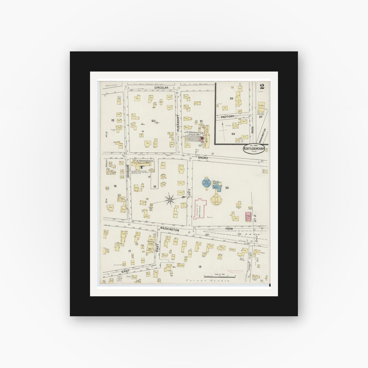 Old map wall art mockup — black gallery frame with white mat — Sanborn Fire Insurance Map from North Attleborough, Bristol County, Massachusetts (1889), Sheet #0002