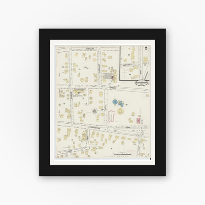 Old map wall art mockup — black gallery frame with white mat — Sanborn Fire Insurance Map from North Attleborough, Bristol County, Massachusetts (1889), Sheet #0002