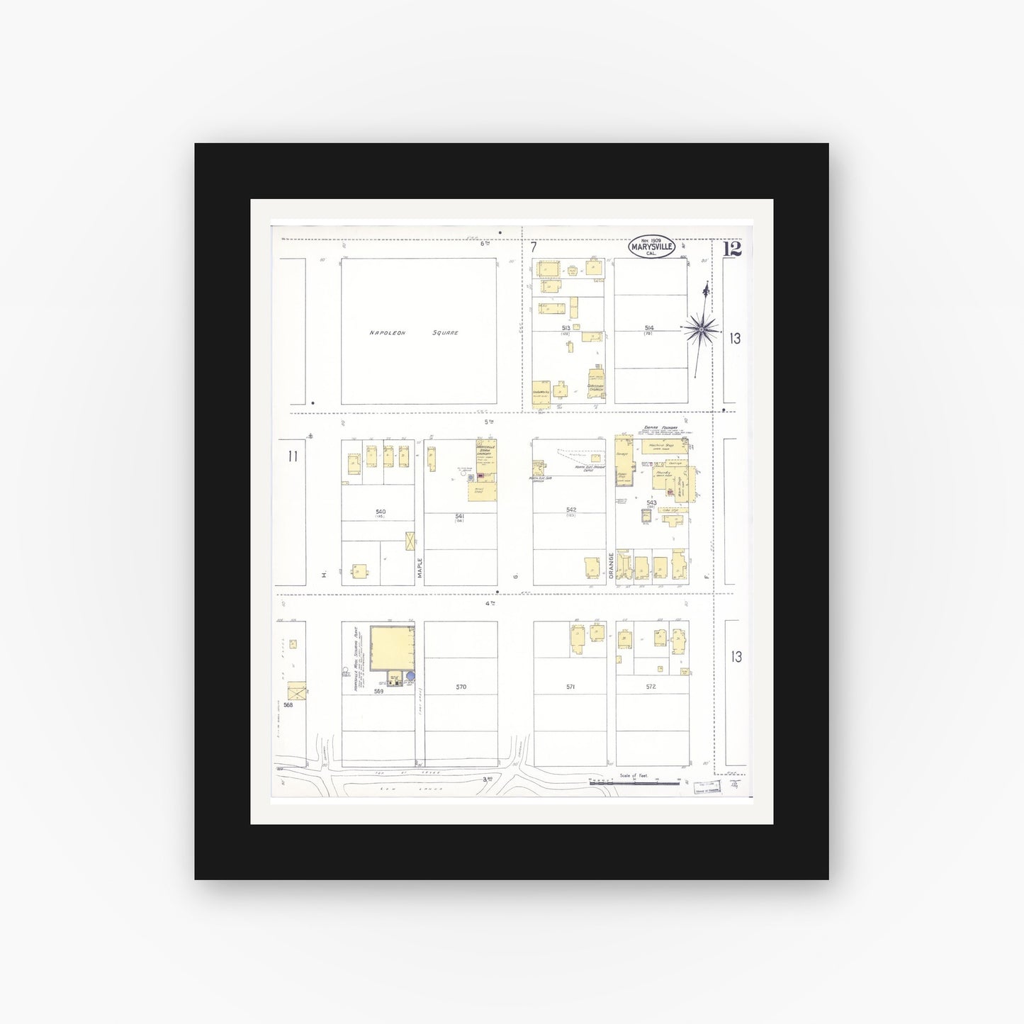 Old map wall art mockup — black gallery frame with white mat — Sanborn Fire Insurance Map from Marysville, Yuba County, California (1909), Sheet #0012