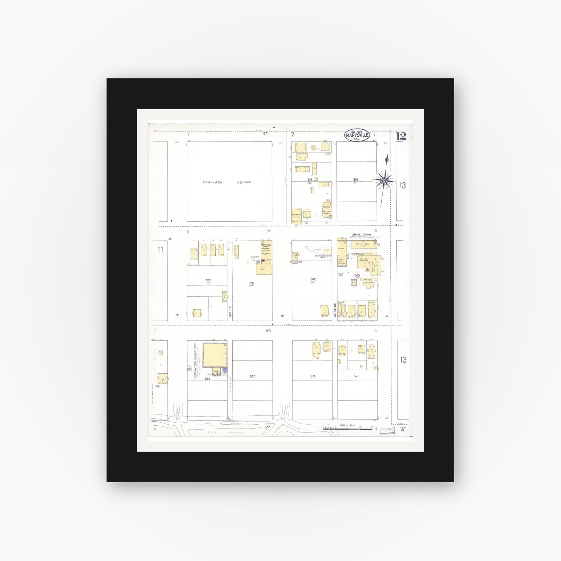 Old map wall art mockup — black gallery frame with white mat — Sanborn Fire Insurance Map from Marysville, Yuba County, California (1909), Sheet #0012