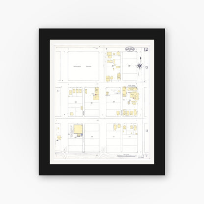 Old map wall art mockup — black gallery frame with white mat — Sanborn Fire Insurance Map from Marysville, Yuba County, California (1909), Sheet #0012