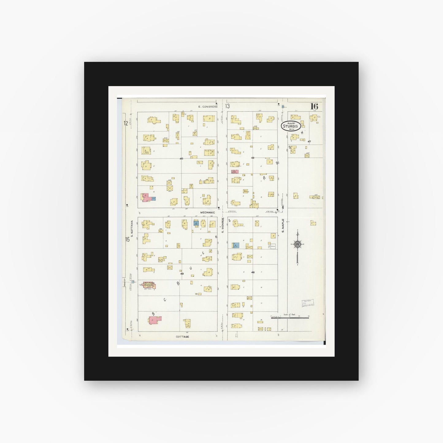 Old map wall art mockup — black gallery frame with white mat — Sanborn Fire Insurance Map from Sturgis, Saint Joseph County, Michigan (1911), Sheet #0016