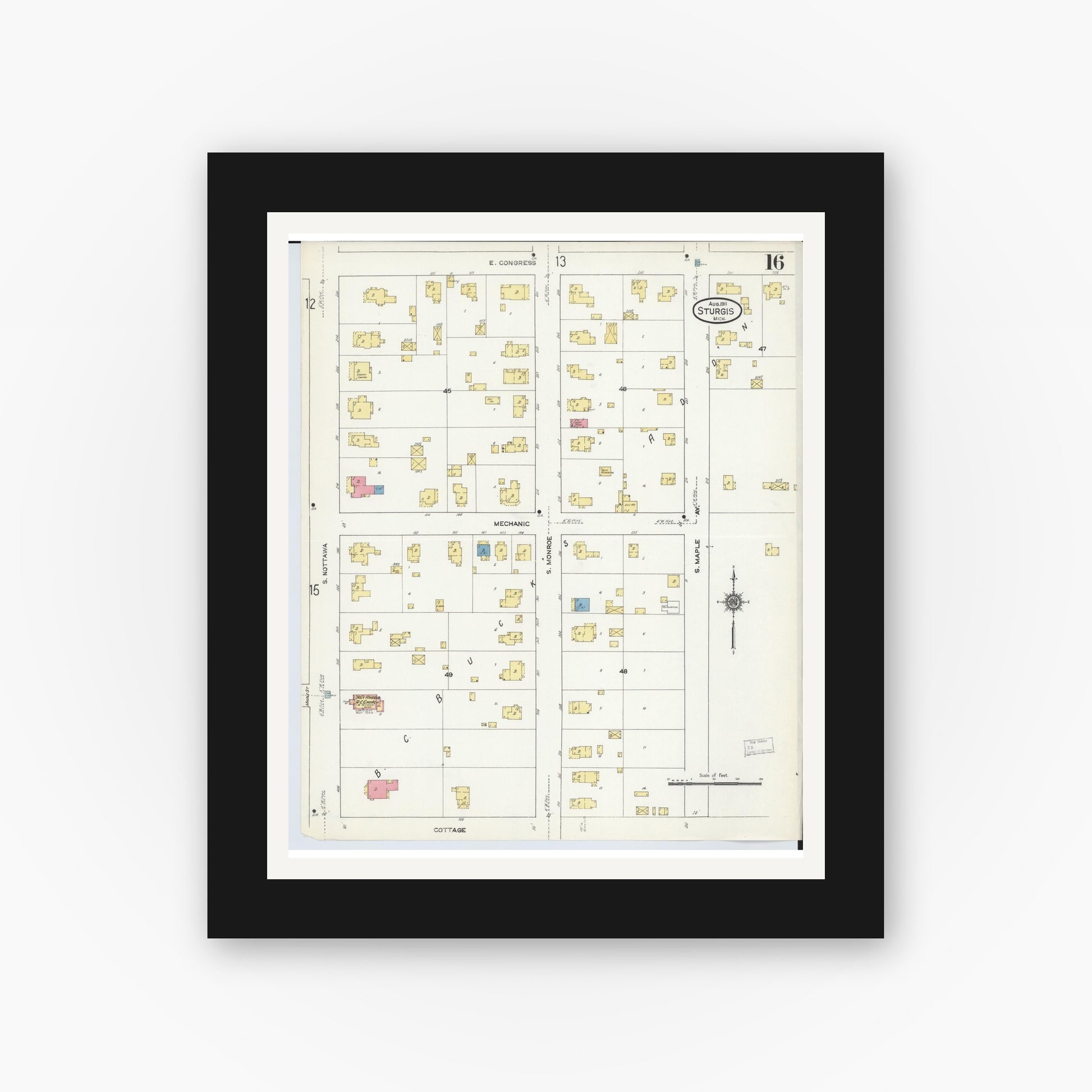 Old map wall art mockup — black gallery frame with white mat — Sanborn Fire Insurance Map from Sturgis, Saint Joseph County, Michigan (1911), Sheet #0016