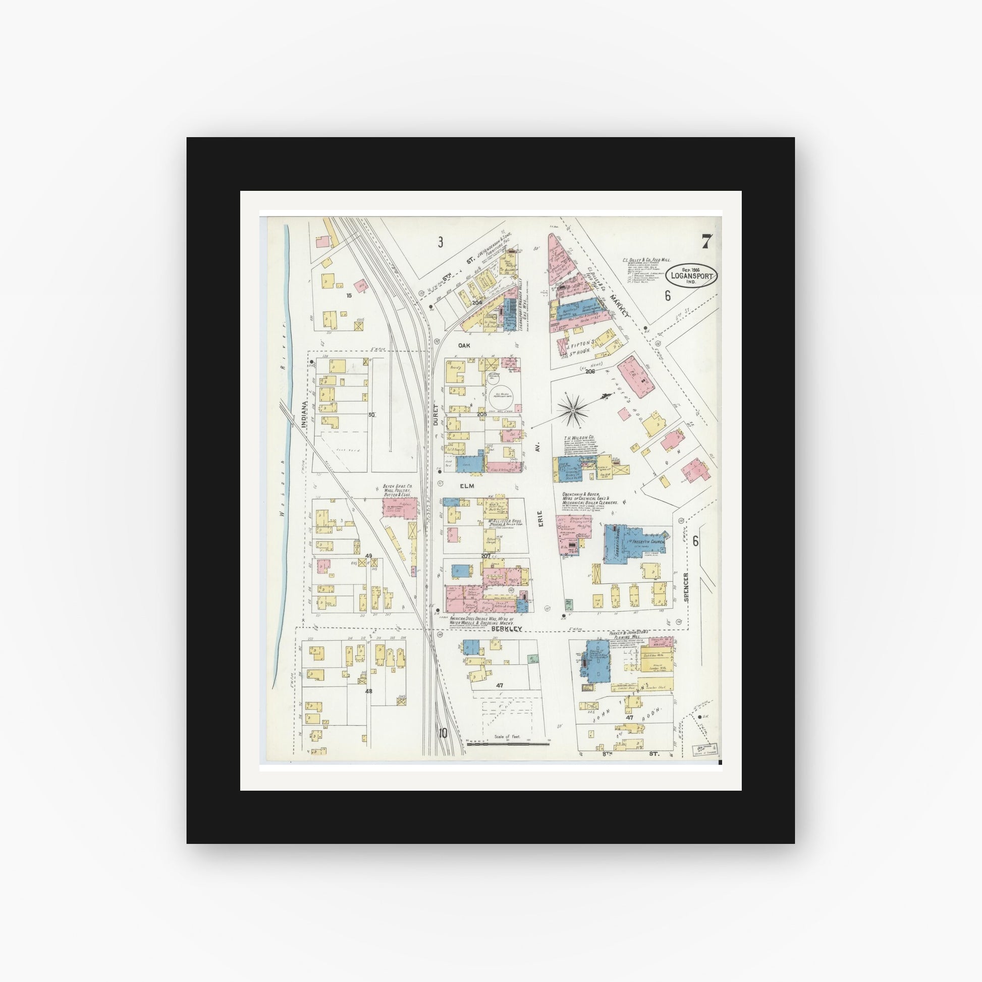 Old map wall art mockup — black gallery frame with white mat — Sanborn Fire Insurance Map from Logansport, Cass County, Indiana (1906), Sheet #0007
