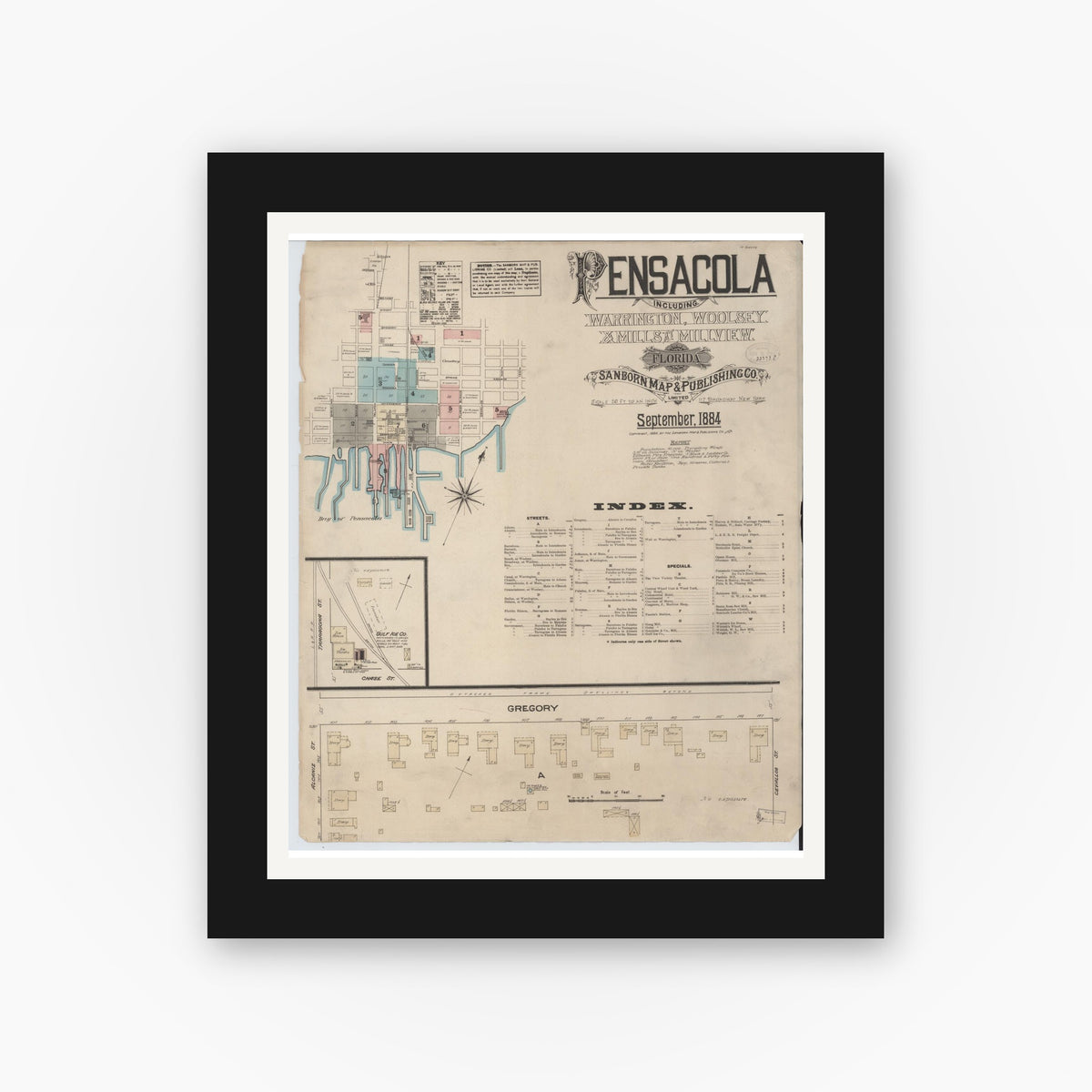 Old map wall art mockup — black gallery frame with white mat — Sanborn Fire Insurance Map from Pensacola, Escambia County, Florida (1884), Sheet #0001