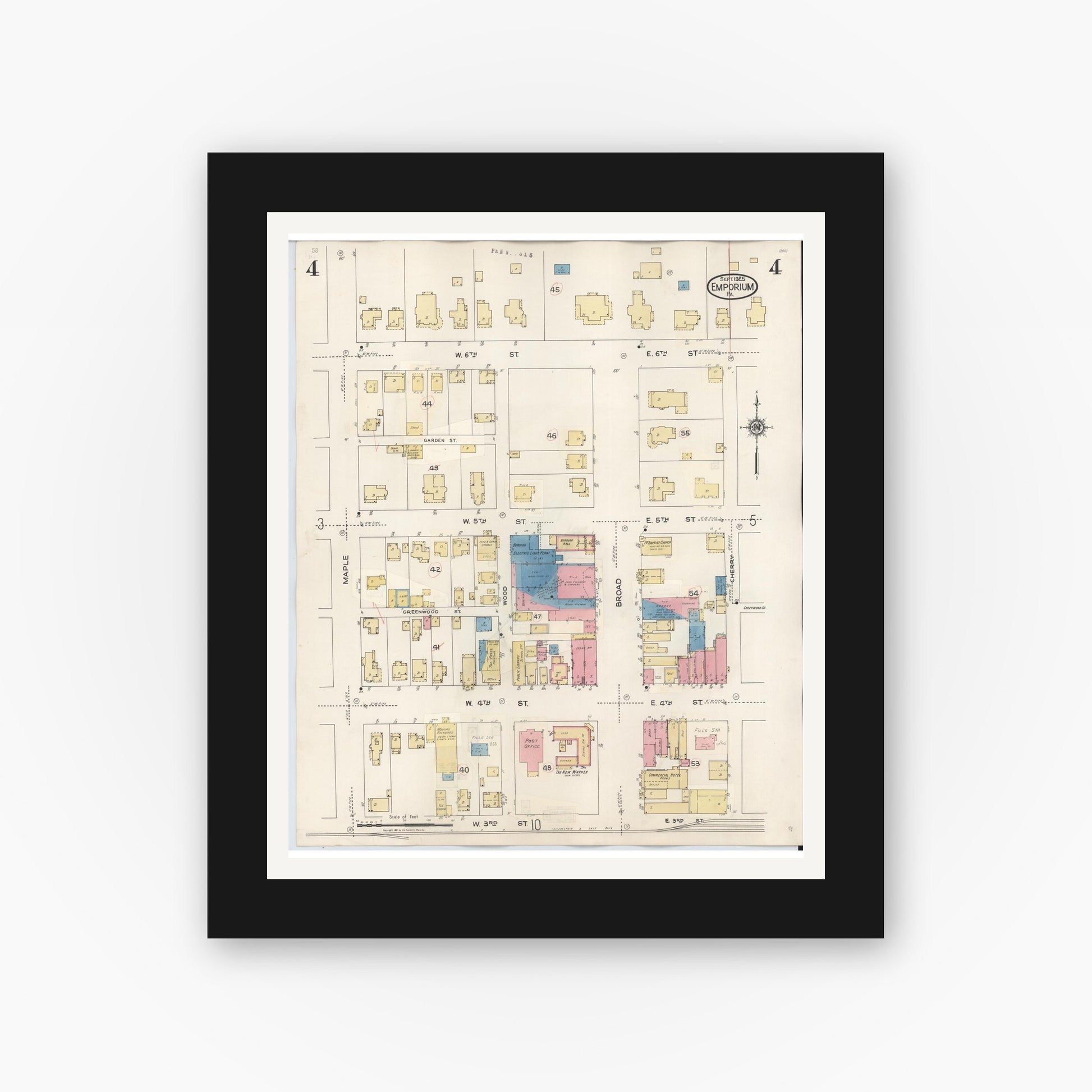 Old map wall art mockup — black gallery frame with white mat — Sanborn Fire Insurance Map from Emporium, Cameron County, Pennsylvania (1938), Sheet #0004