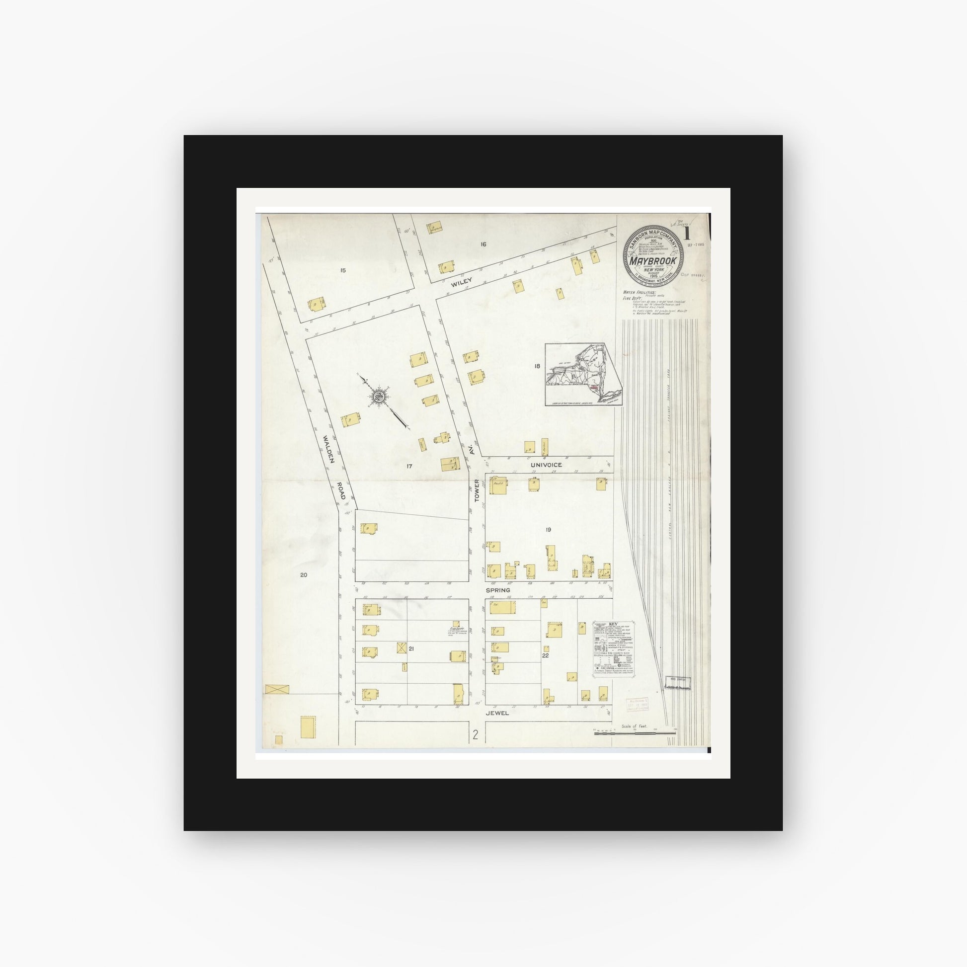 Old map wall art mockup — black gallery frame with white mat — Sanborn Fire Insurance Map from Maybrook, Orange County, New York (1915) - Complete Map Set
