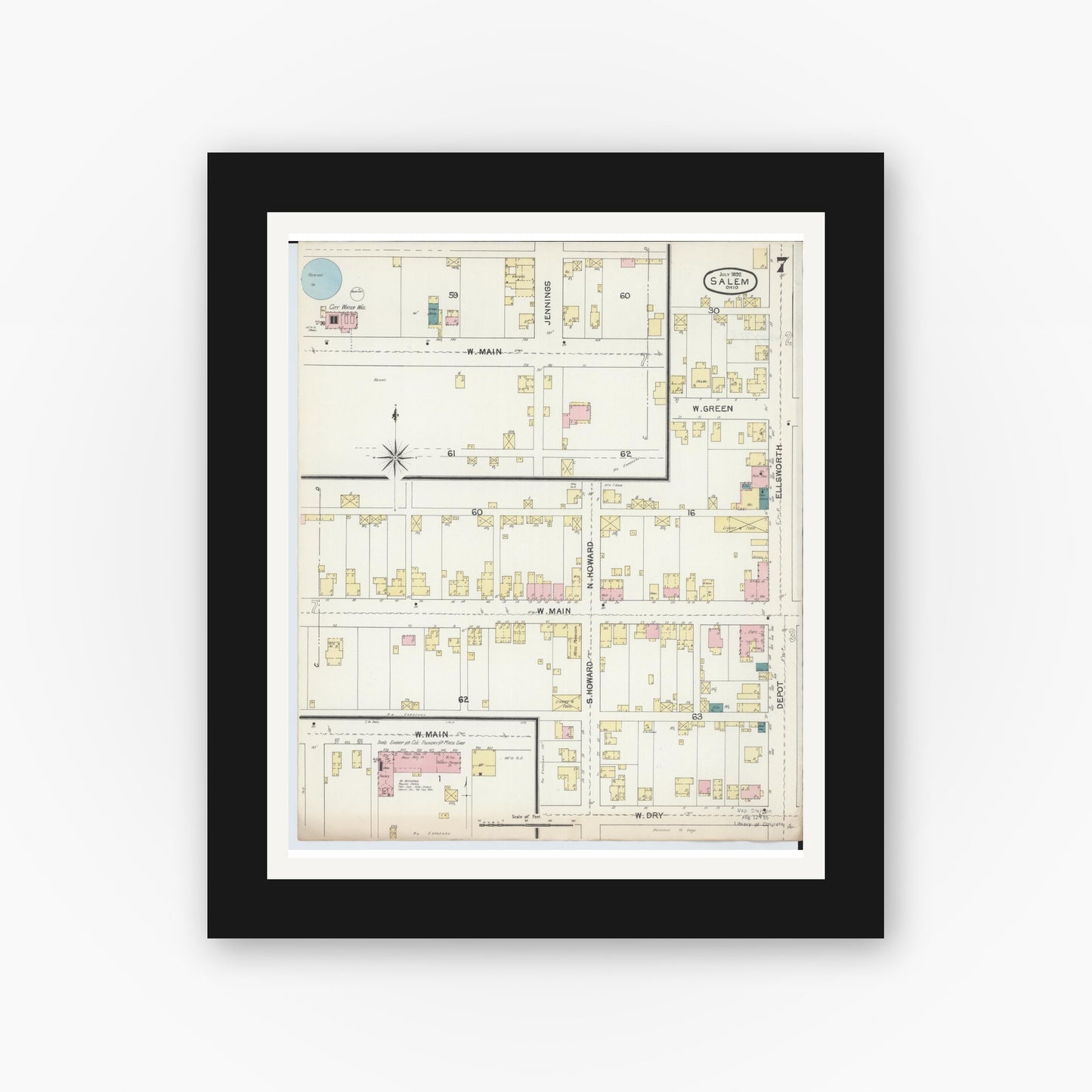 Old map wall art mockup — black gallery frame with white mat — Sanborn Fire Insurance Map from Salem, Columbiana County, Ohio (1892), Sheet #0007