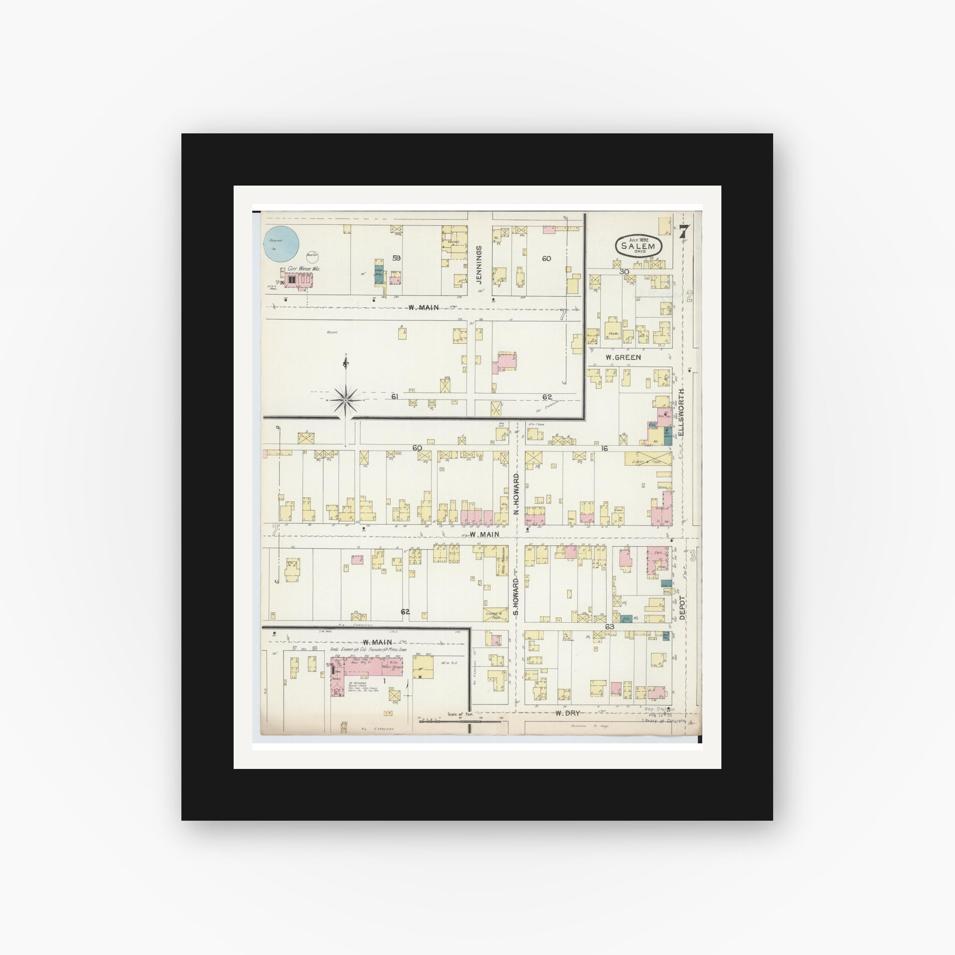 Old map wall art mockup — black gallery frame with white mat — Sanborn Fire Insurance Map from Salem, Columbiana County, Ohio (1892), Sheet #0007