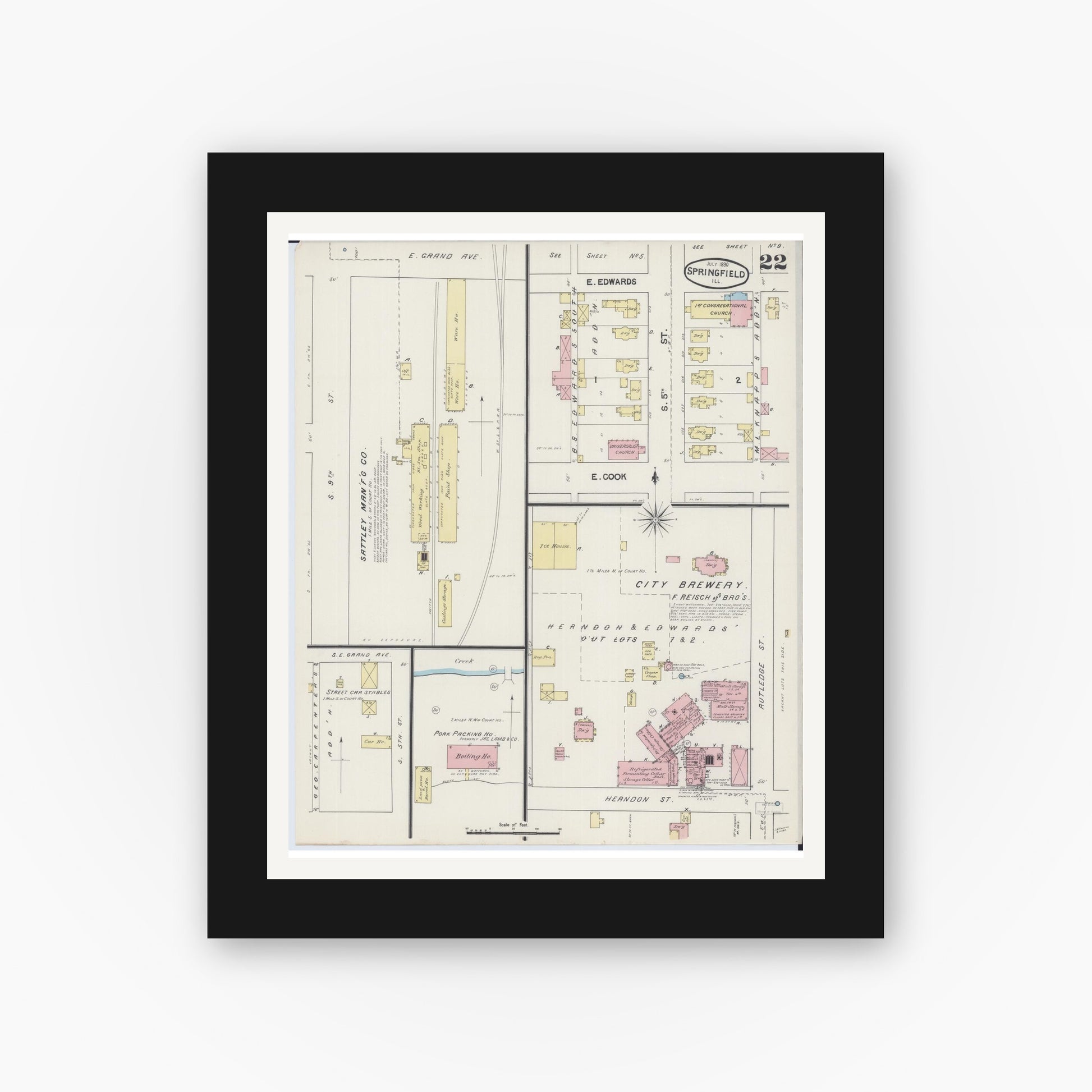 Old map wall art mockup — black gallery frame with white mat — Sanborn Fire Insurance Map from Springfield, Sangamon County, Illinois (1890), Sheet #0022