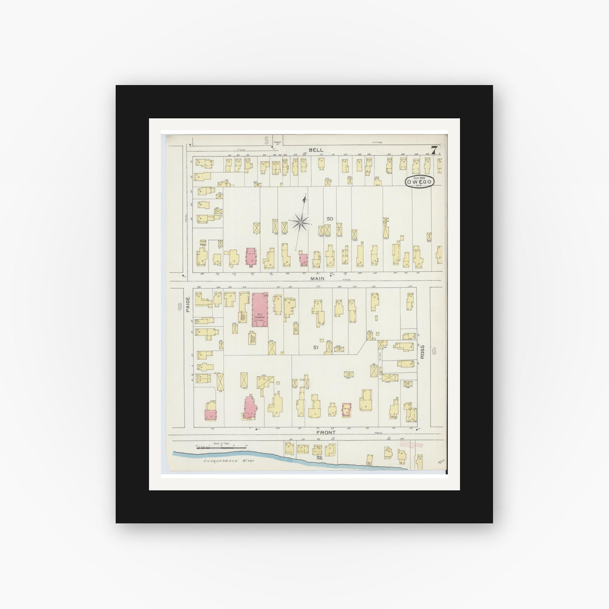 Old map wall art mockup — black gallery frame with white mat — Sanborn Fire Insurance Map from Owego, Tioga County, New York (1893), Sheet #0007
