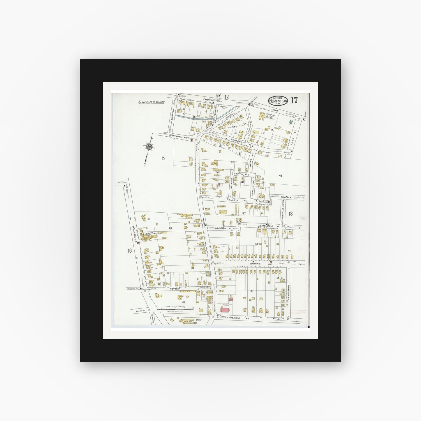 Old map wall art mockup — black gallery frame with white mat — Sanborn Fire Insurance Map from Hempstead, Nassau County, New York (1919), Sheet #0017