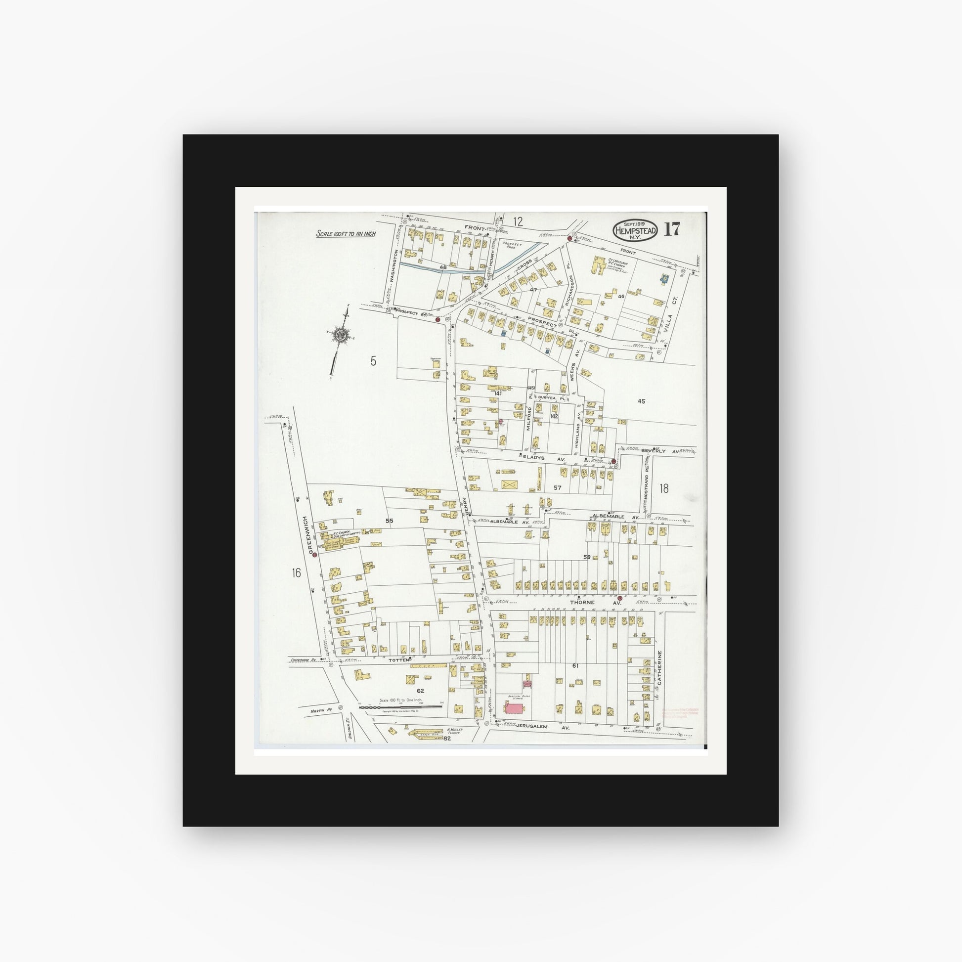 Old map wall art mockup — black gallery frame with white mat — Sanborn Fire Insurance Map from Hempstead, Nassau County, New York (1919), Sheet #0017