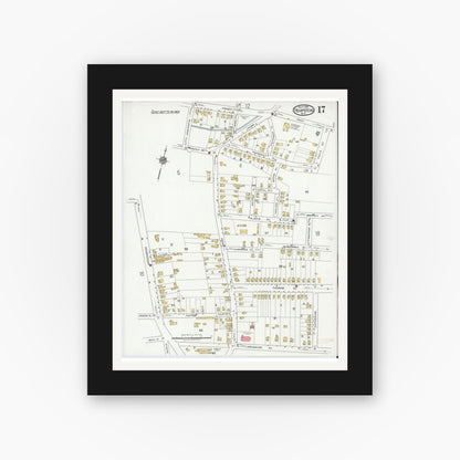 Old map wall art mockup — black gallery frame with white mat — Sanborn Fire Insurance Map from Hempstead, Nassau County, New York (1919), Sheet #0017