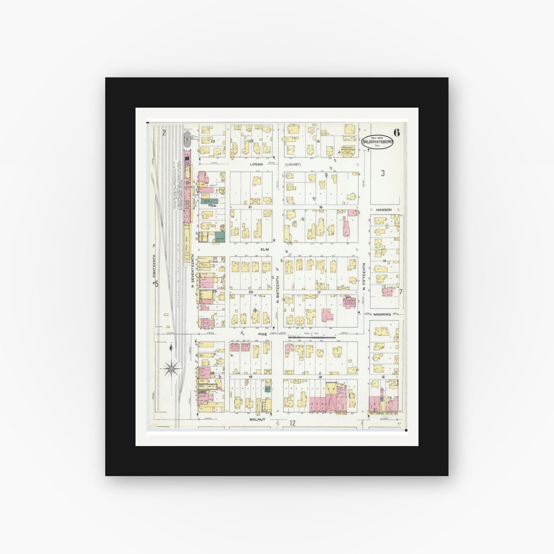 Old map wall art mockup — black gallery frame with white mat — Sanborn Fire Insurance Map from Murphysboro, Jackson County, Illinois (1909), Sheet #0006
