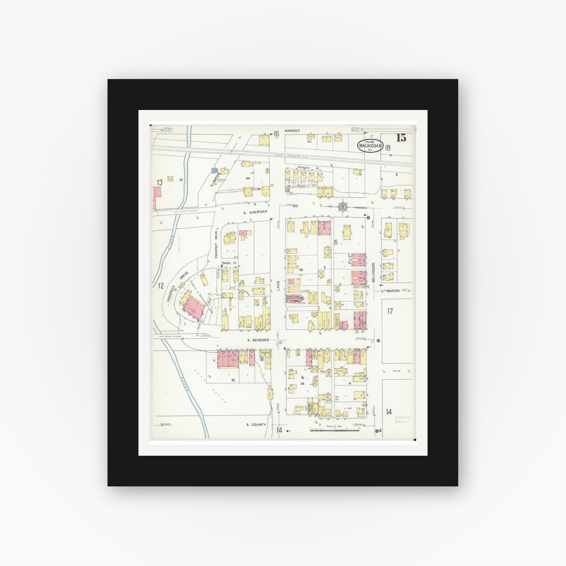 Old map wall art mockup — black gallery frame with white mat — Sanborn Fire Insurance Map from Waukegan, Lake County, Illinois (1912), Sheet #0015