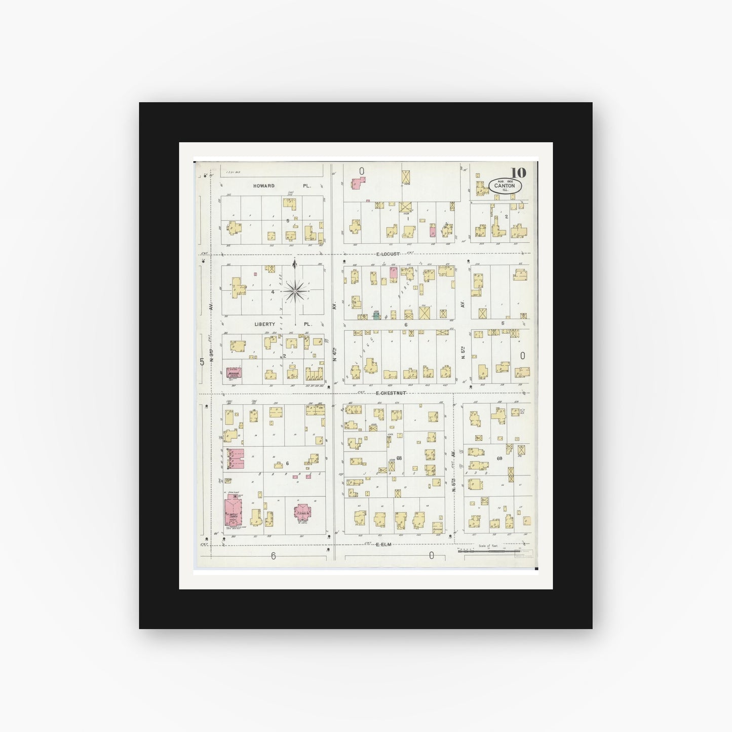 Old map wall art mockup — black gallery frame with white mat — Sanborn Fire Insurance Map from Canton, Fulton County, Illinois (1902), Sheet #0010