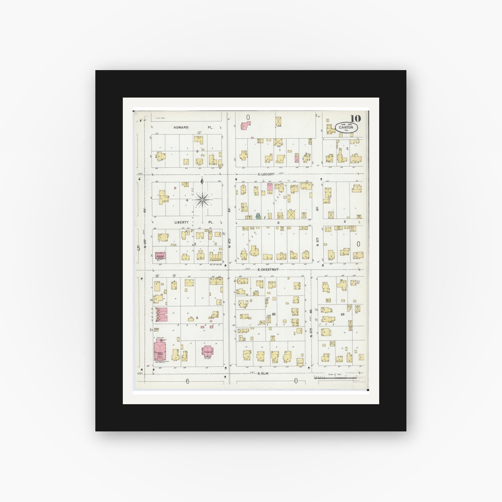 Old map wall art mockup — black gallery frame with white mat — Sanborn Fire Insurance Map from Canton, Fulton County, Illinois (1902), Sheet #0010