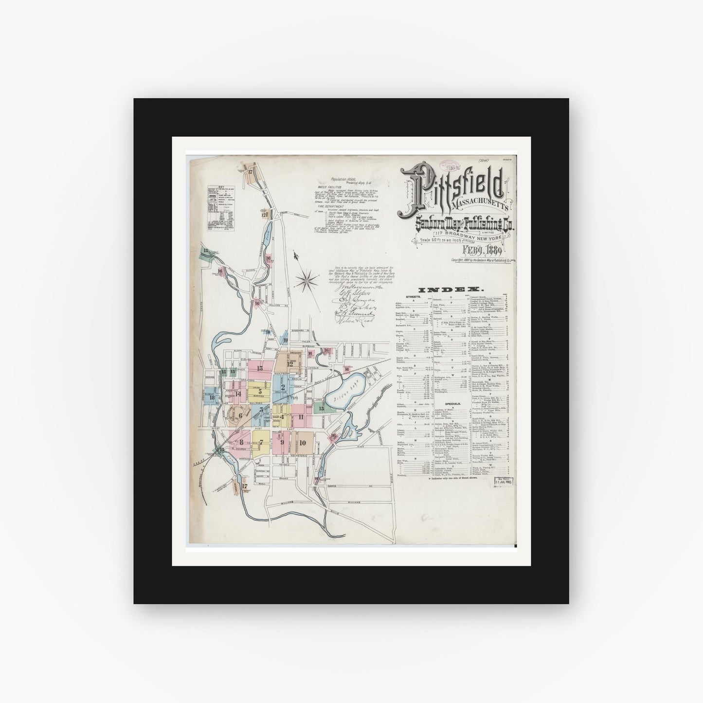 Old map wall art mockup — black gallery frame with white mat — Sanborn Fire Insurance Map from Pittsfield, Berkshire County, Massachusetts (1889), Sheet #0001