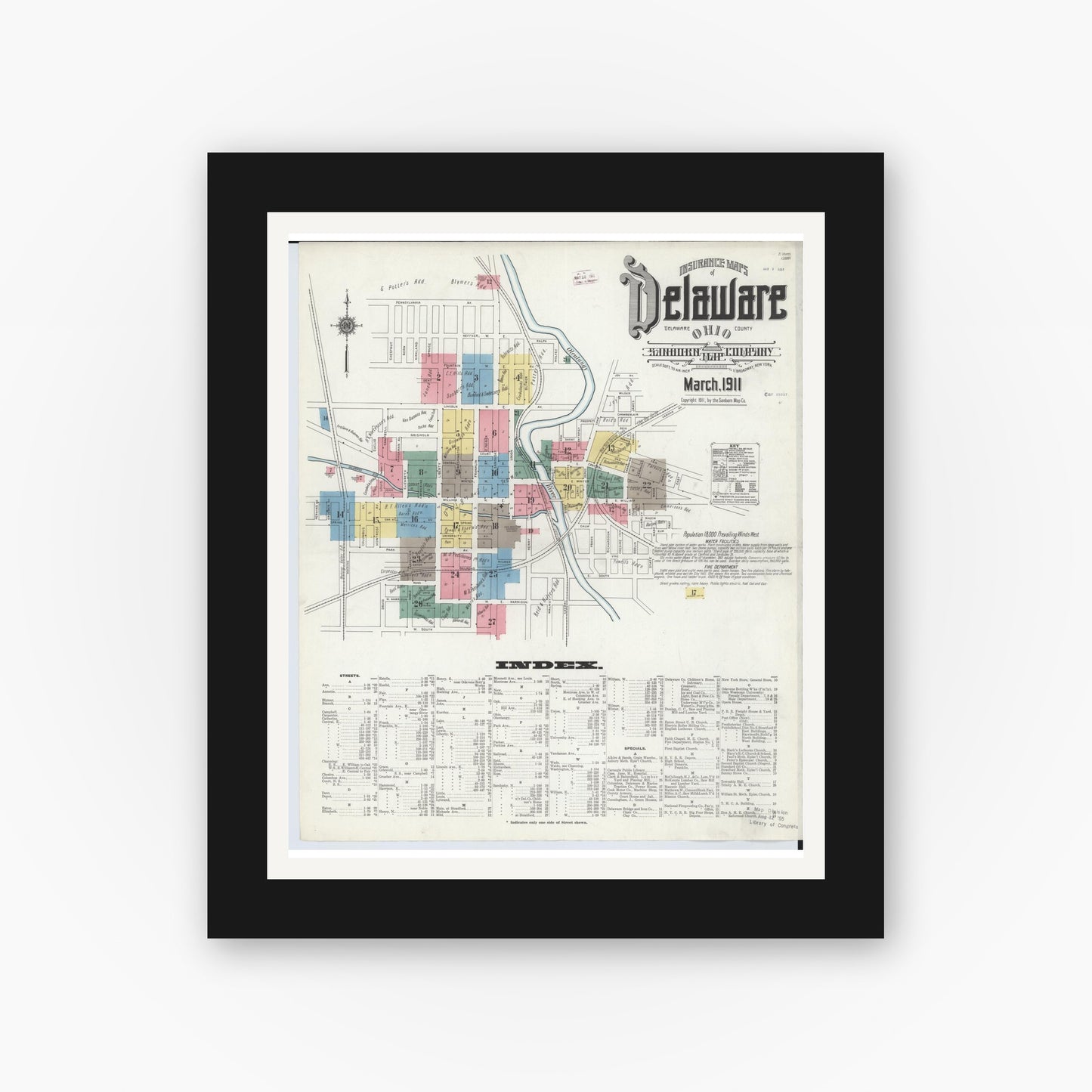 Old map wall art mockup — black gallery frame with white mat — Sanborn Fire Insurance Map from Delaware, Delaware County, Ohio (1911) - Complete Map Set