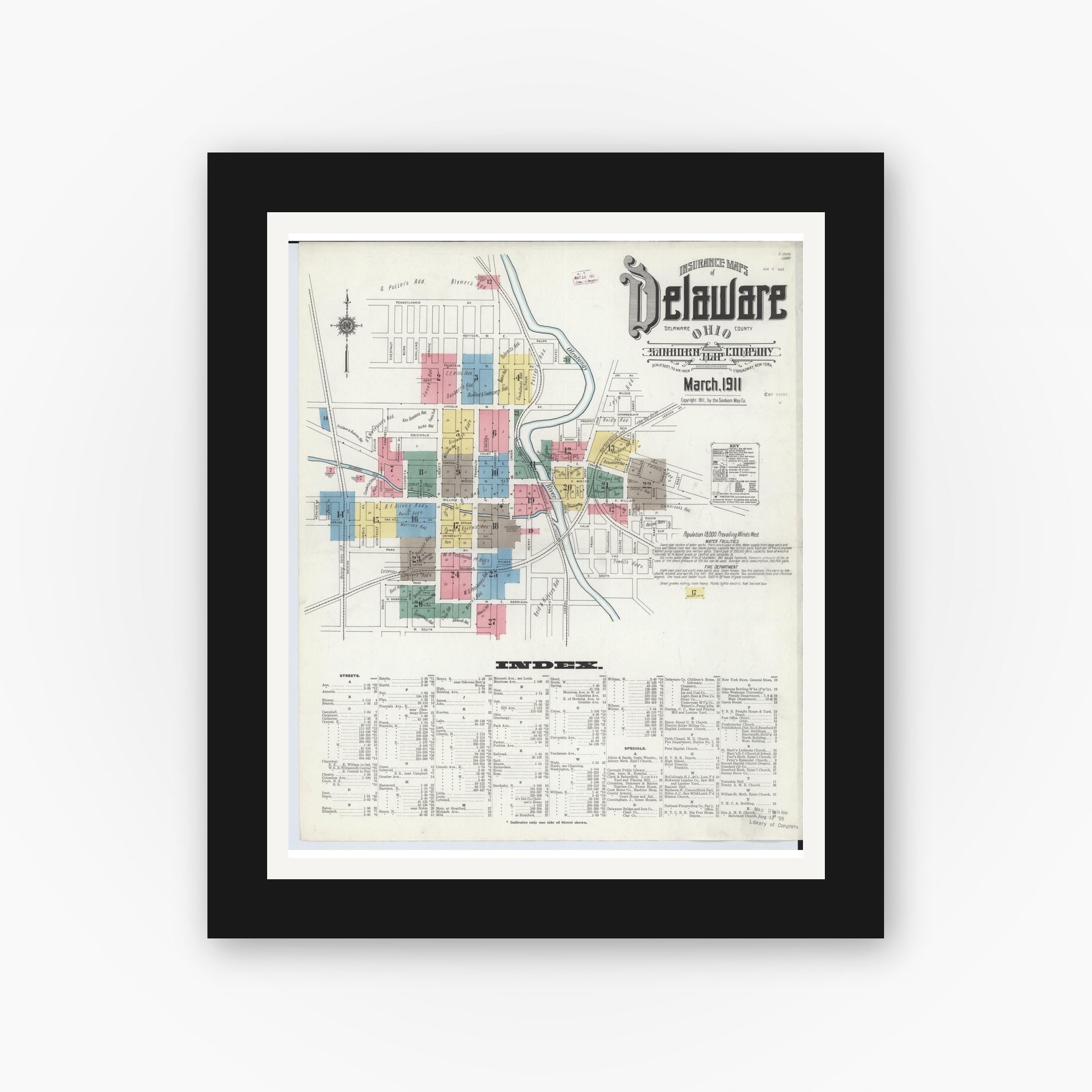 Old map wall art mockup — black gallery frame with white mat — Sanborn Fire Insurance Map from Delaware, Delaware County, Ohio (1911) - Complete Map Set