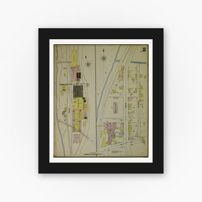 Old map wall art mockup — black gallery frame with white mat — Sanborn Fire Insurance Map from Wheeling, Ohio County, West Virginia (1890), Sheet #0002