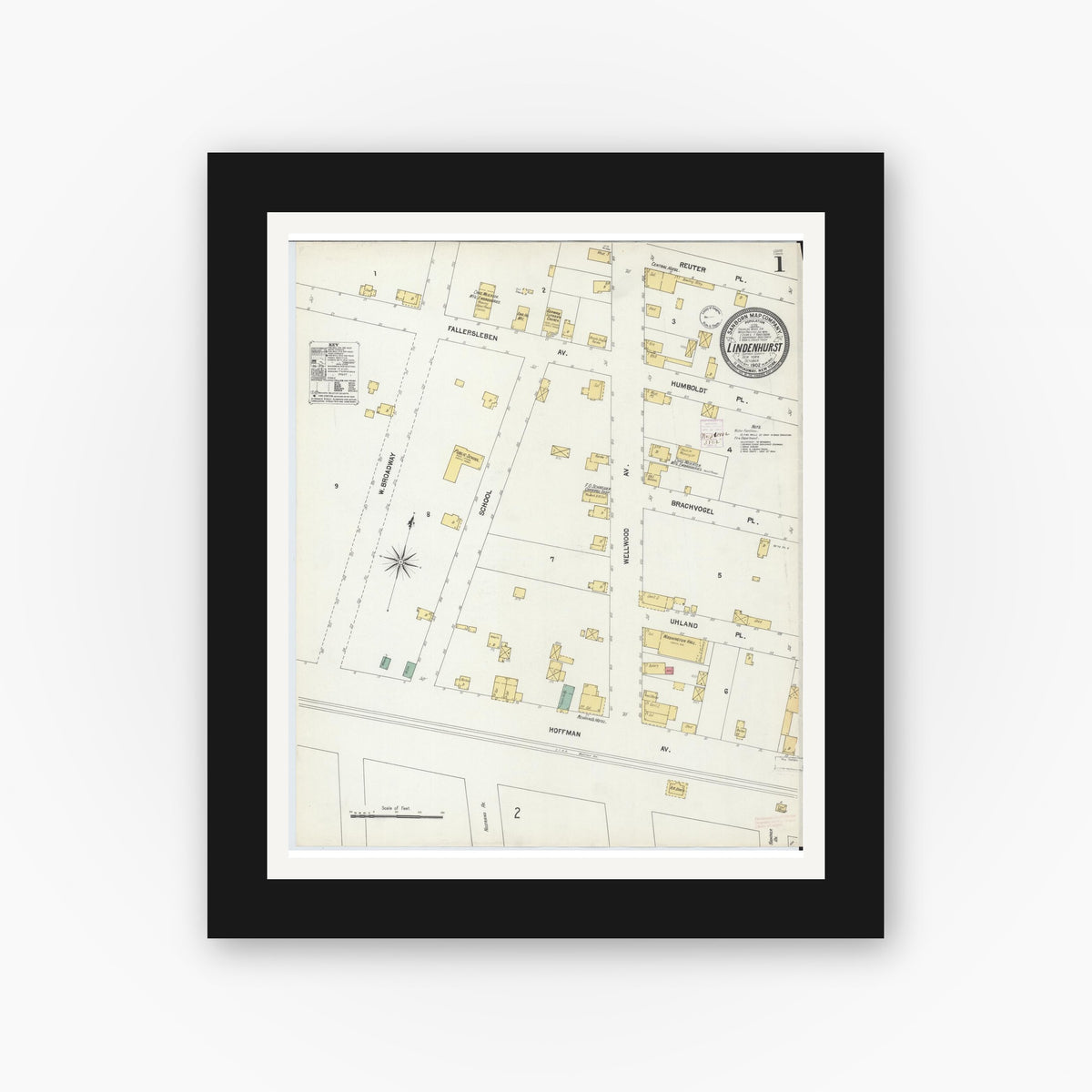 Old map wall art mockup — black gallery frame with white mat — Sanborn Fire Insurance Map from Lindenhurst, Suffolk County, New York (1902), Sheet #0001