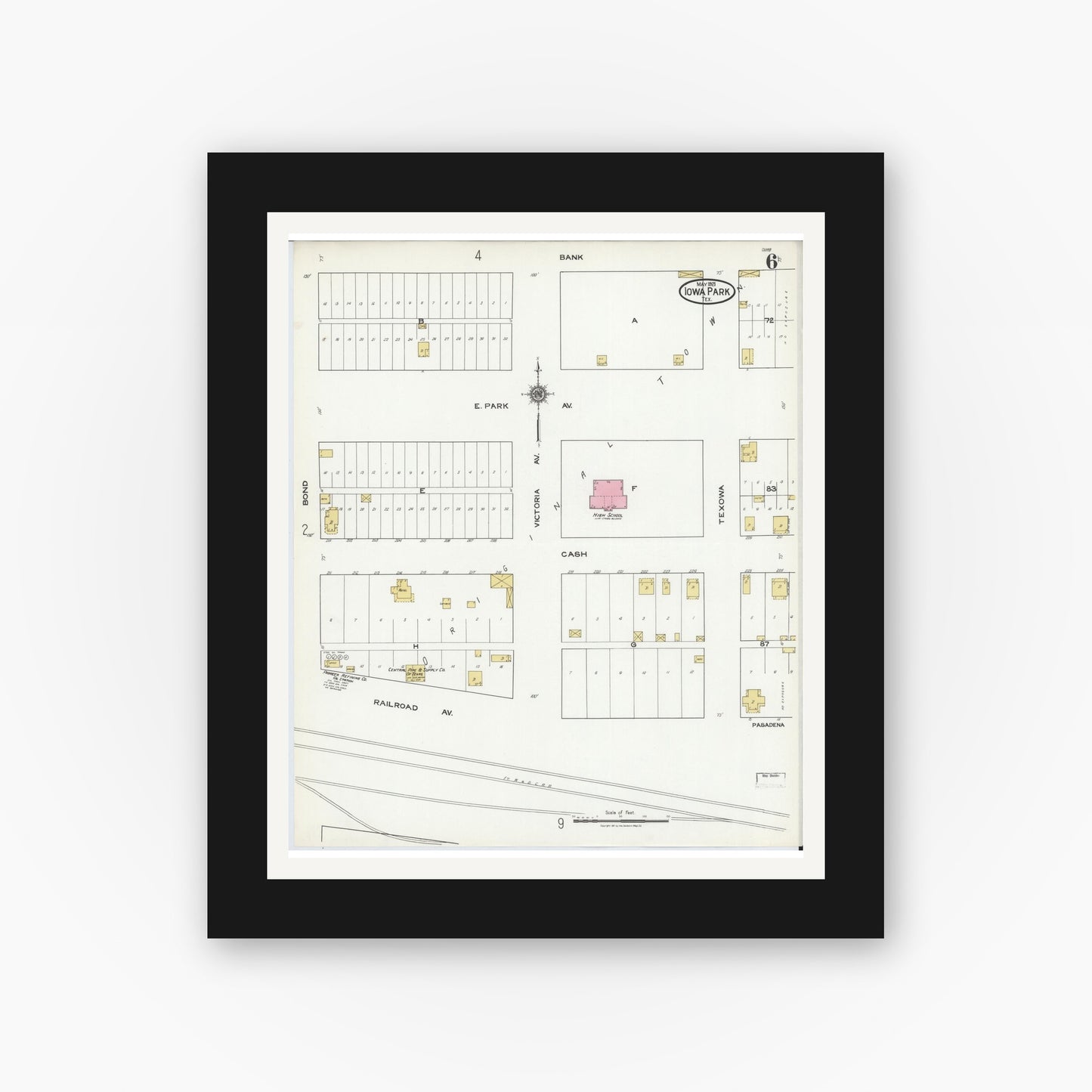Old map wall art mockup — black gallery frame with white mat — Sanborn Fire Insurance Map from Iowa Park, Wichita County, Texas (1921), Sheet #0006