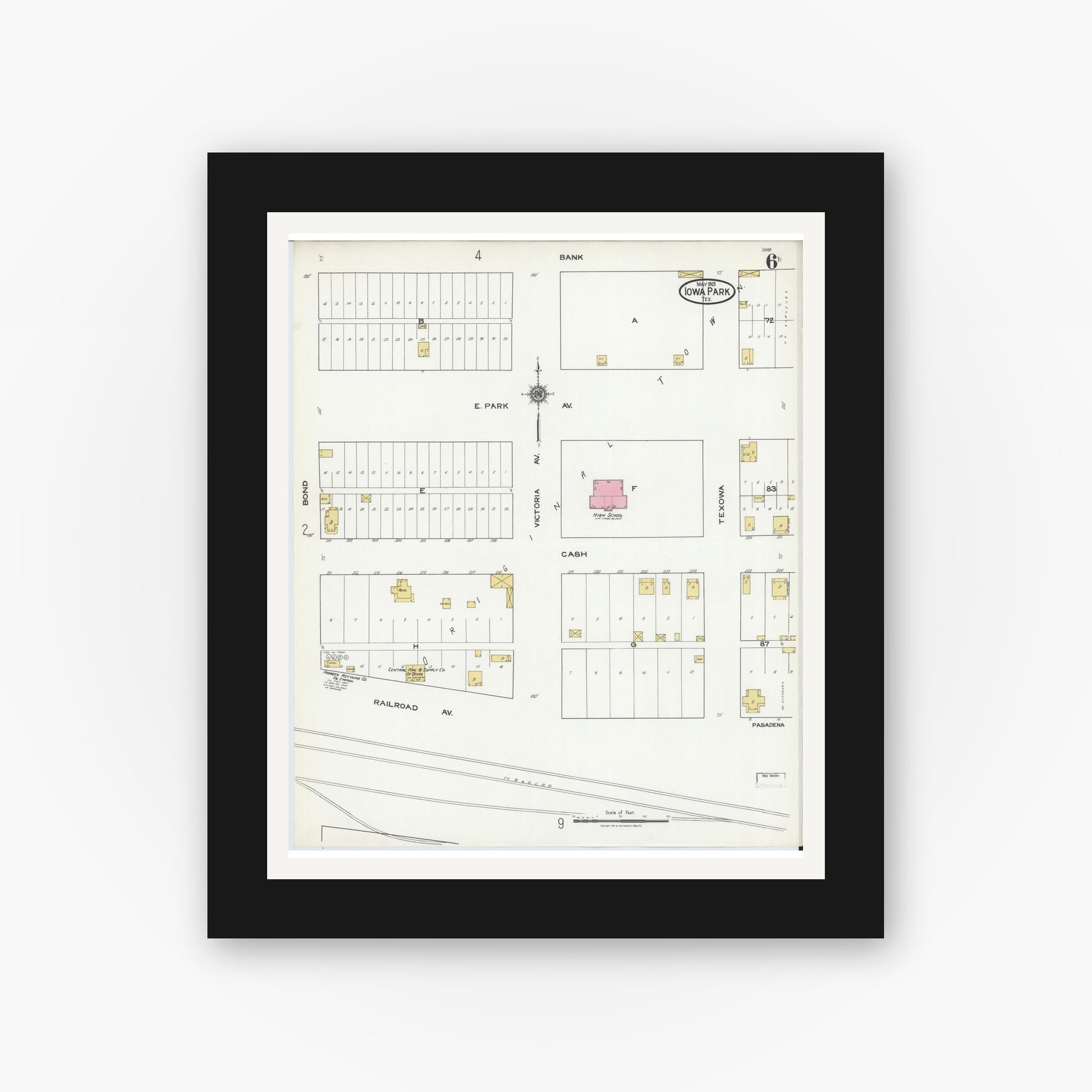 Old map wall art mockup — black gallery frame with white mat — Sanborn Fire Insurance Map from Iowa Park, Wichita County, Texas (1921), Sheet #0006
