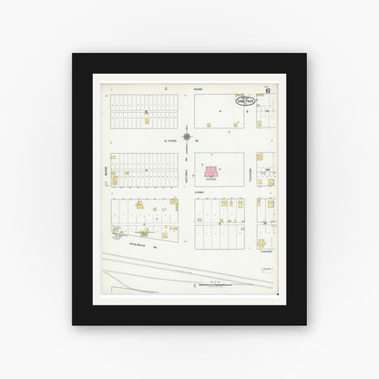 Old map wall art mockup — black gallery frame with white mat — Sanborn Fire Insurance Map from Iowa Park, Wichita County, Texas (1921), Sheet #0006
