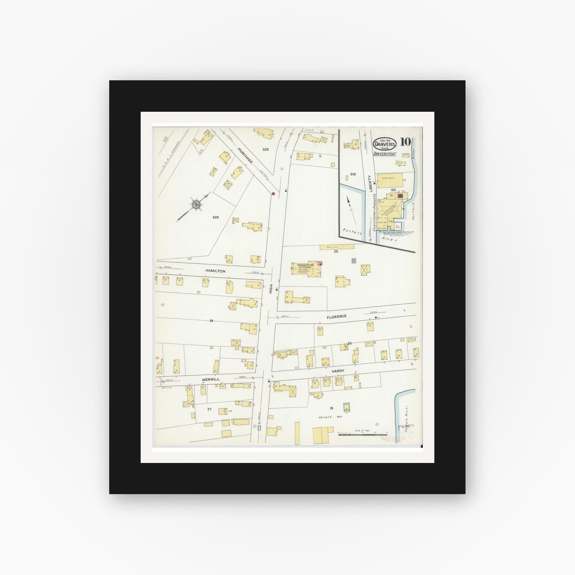 Old map wall art mockup — black gallery frame with white mat — Sanborn Fire Insurance Map from Danvers, Essex County, Massachusetts (1916), Sheet #0010