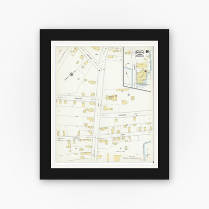 Old map wall art mockup — black gallery frame with white mat — Sanborn Fire Insurance Map from Danvers, Essex County, Massachusetts (1916), Sheet #0010