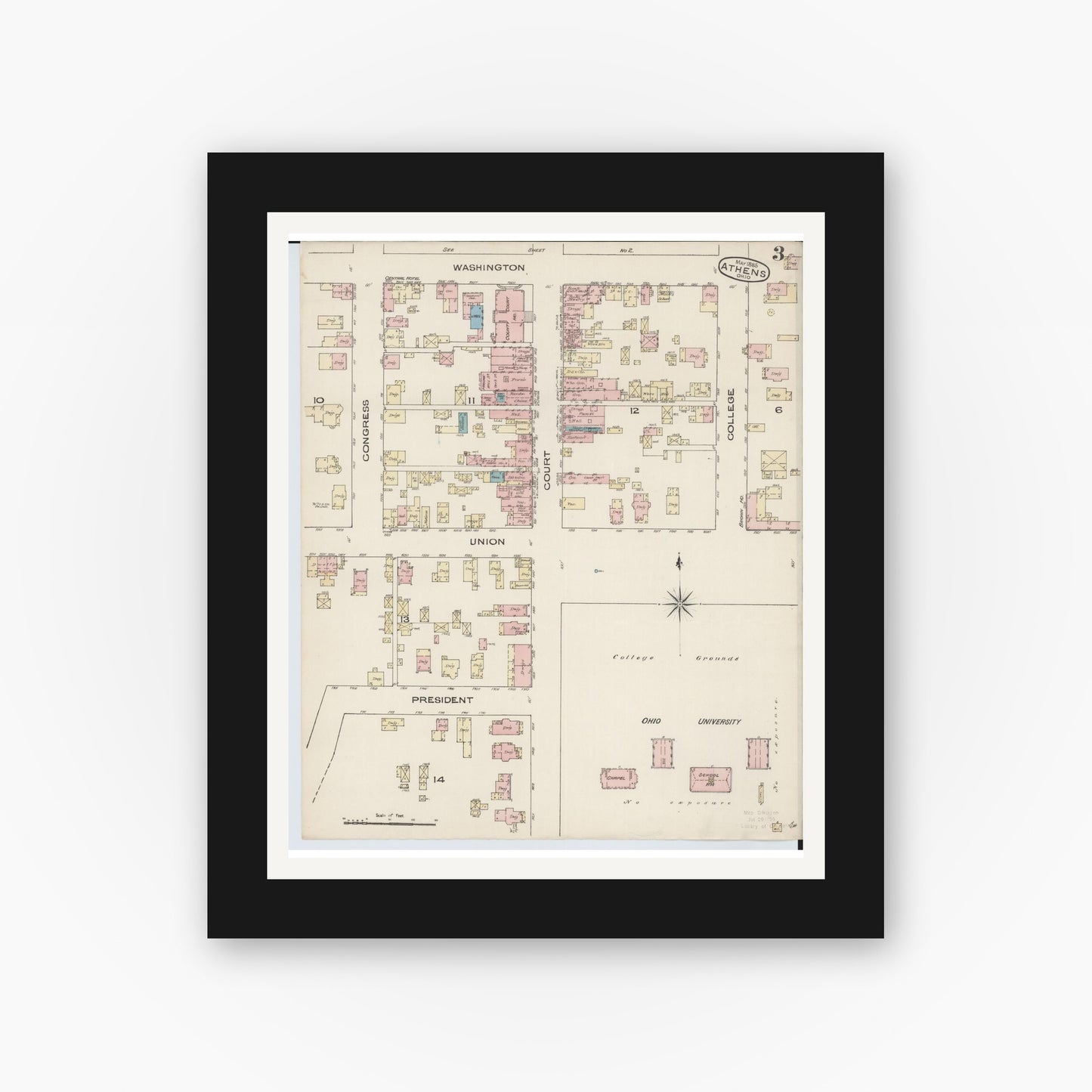 Old map wall art mockup — black gallery frame with white mat — Sanborn Fire Insurance Map from Athens, Athens County, Ohio (1885), Sheet #0003