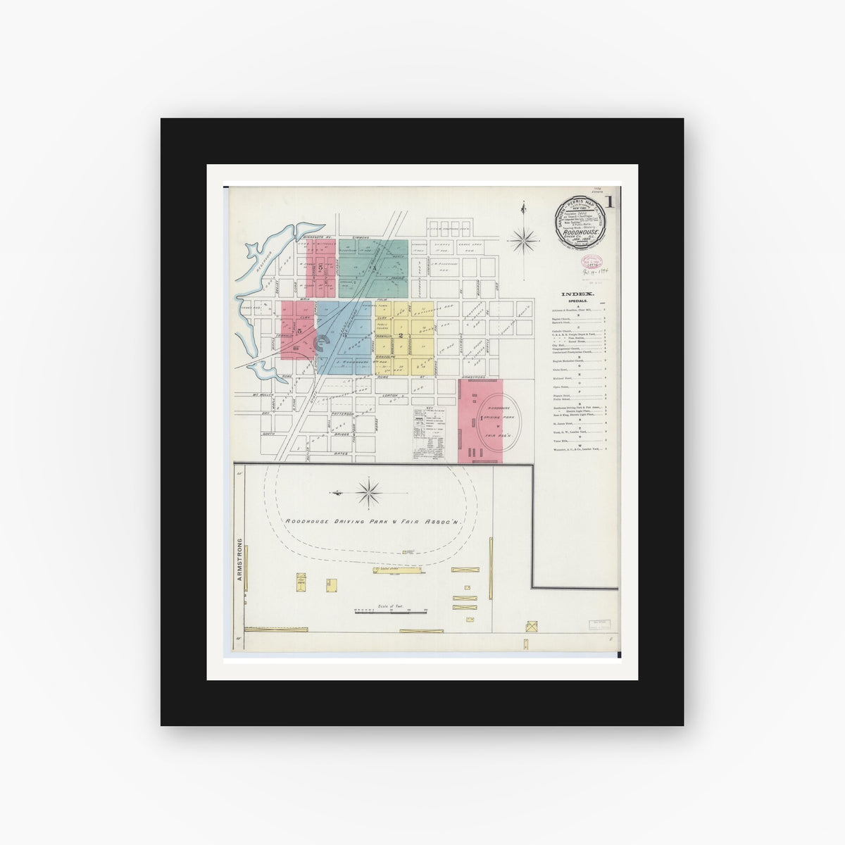 Old map wall art mockup — black gallery frame with white mat — Sanborn Fire Insurance Map from Roodhouse, Greene County, Illinois (1894), Sheet #0001
