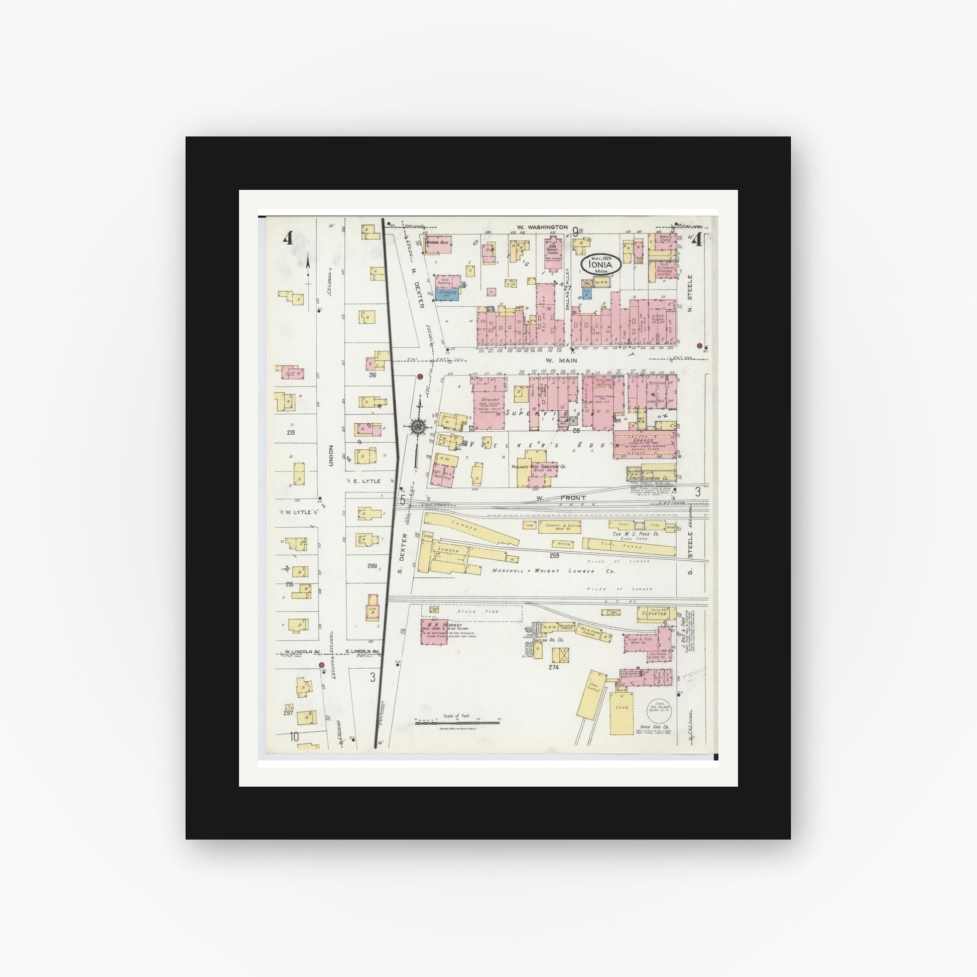 Old map wall art mockup — black gallery frame with white mat — Sanborn Fire Insurance Map from Ionia, Ionia County, Michigan (1924), Sheet #0004