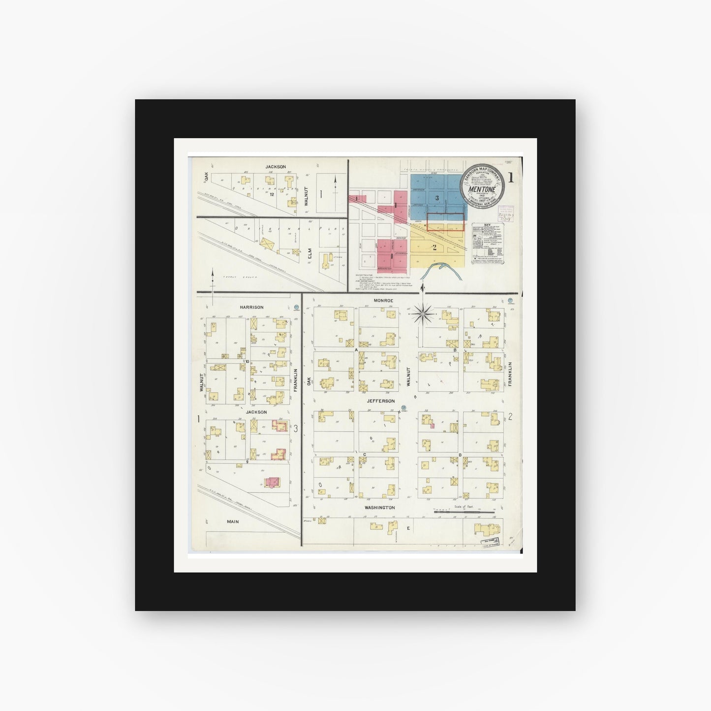 Old map wall art mockup — black gallery frame with white mat — Sanborn Fire Insurance Map from Mentone, Kosciusko County, Indiana (1907) - Complete Map Set