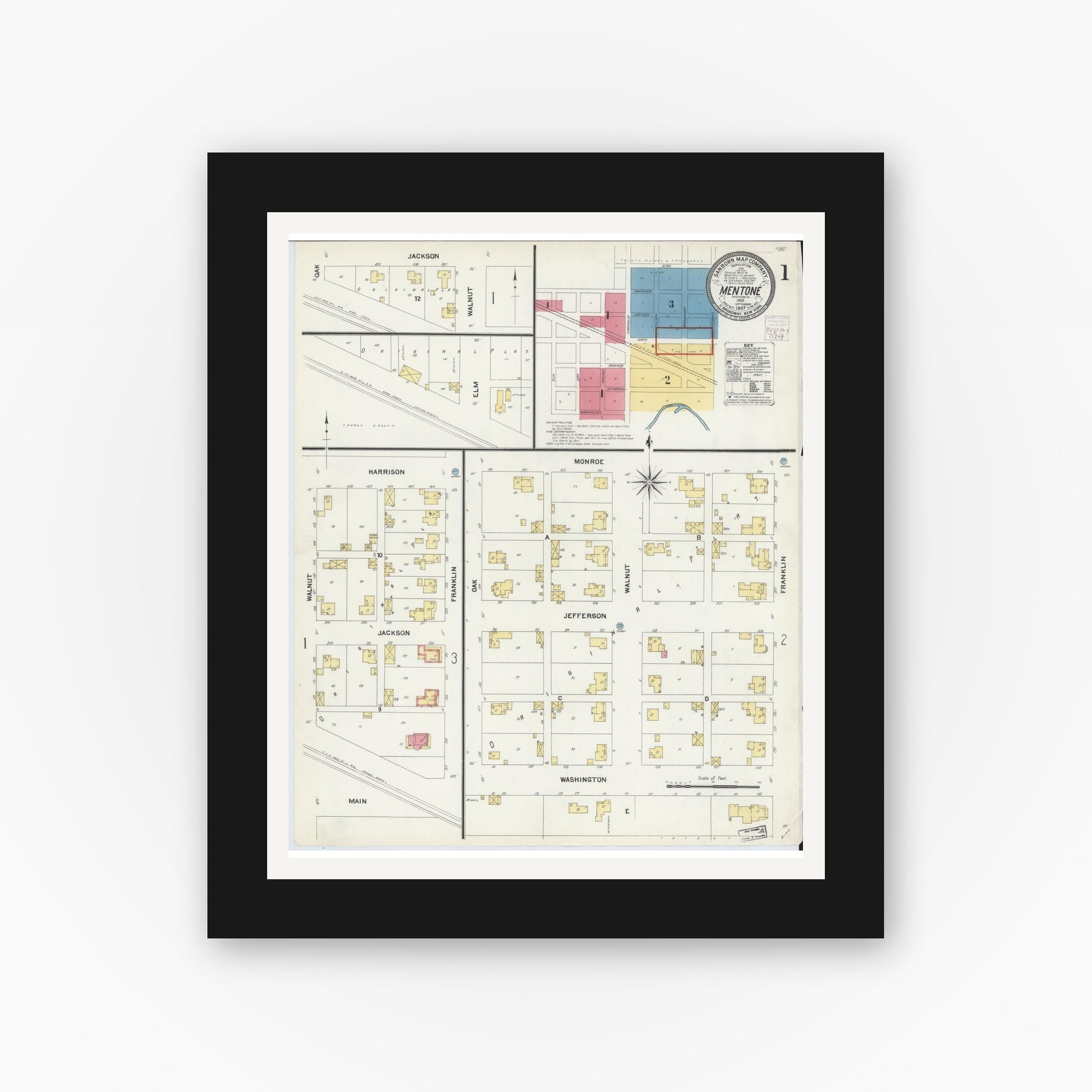 Old map wall art mockup — black gallery frame with white mat — Sanborn Fire Insurance Map from Mentone, Kosciusko County, Indiana (1907) - Complete Map Set