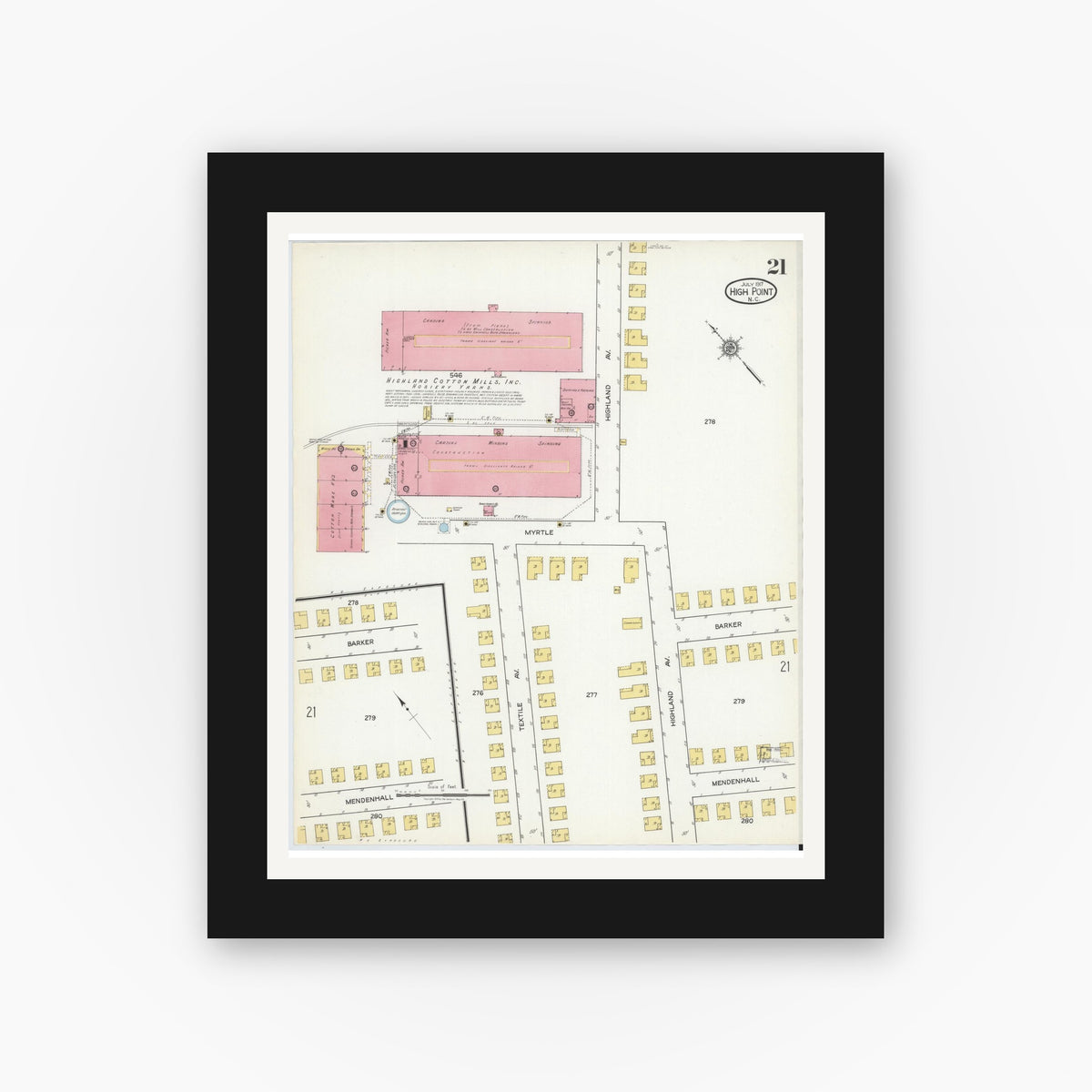 Old map wall art mockup — black gallery frame with white mat — Sanborn Fire Insurance Map from High Point, Guilford County, North Carolina (1917), Sheet #0021