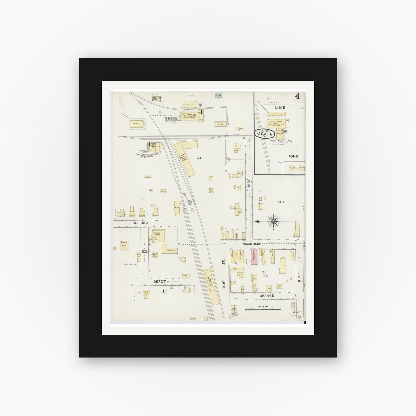Old map wall art mockup — black gallery frame with white mat — Sanborn Fire Insurance Map from Ocala, Marion County, Florida (1891), Sheet #0004