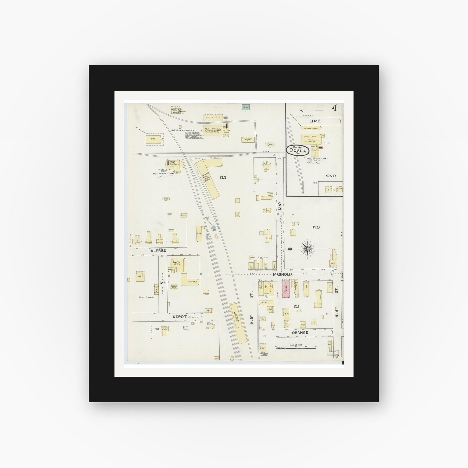 Old map wall art mockup — black gallery frame with white mat — Sanborn Fire Insurance Map from Ocala, Marion County, Florida (1891), Sheet #0004