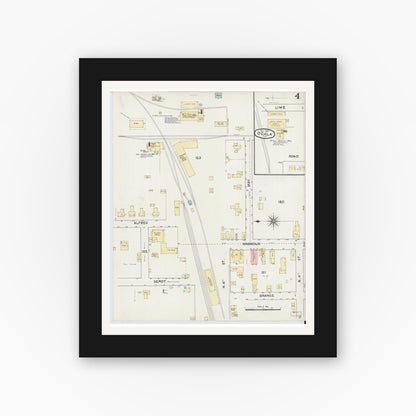 Old map wall art mockup — black gallery frame with white mat — Sanborn Fire Insurance Map from Ocala, Marion County, Florida (1891), Sheet #0004