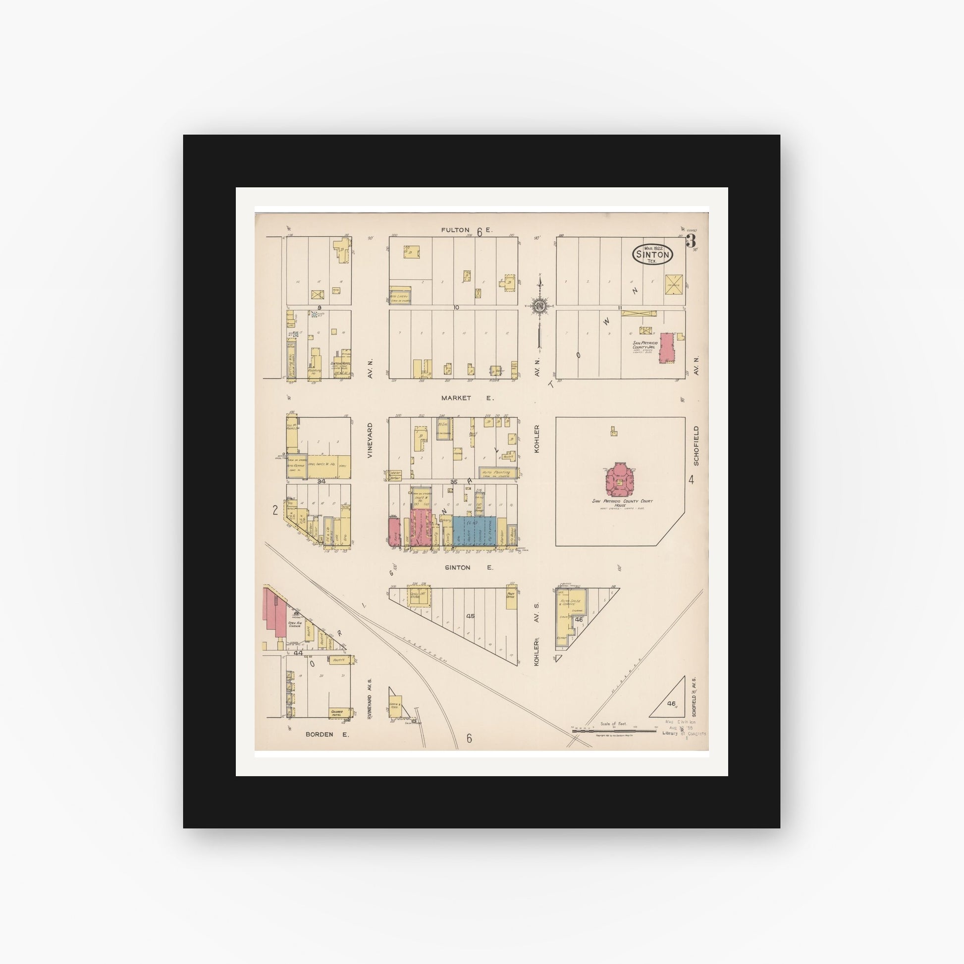 Old map wall art mockup — black gallery frame with white mat — Sanborn Fire Insurance Map from Sinton, San Patricio County, Texas (1922), Sheet #0003