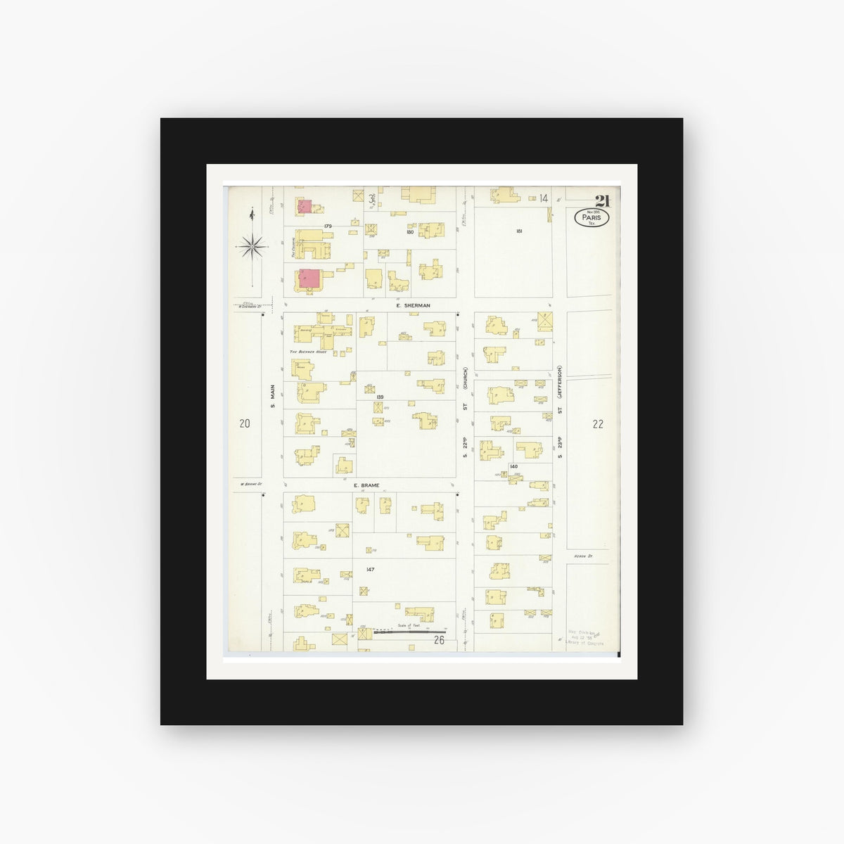 Old map wall art mockup — black gallery frame with white mat — Sanborn Fire Insurance Map from Paris, Lamar County, Texas (1908), Sheet #0021