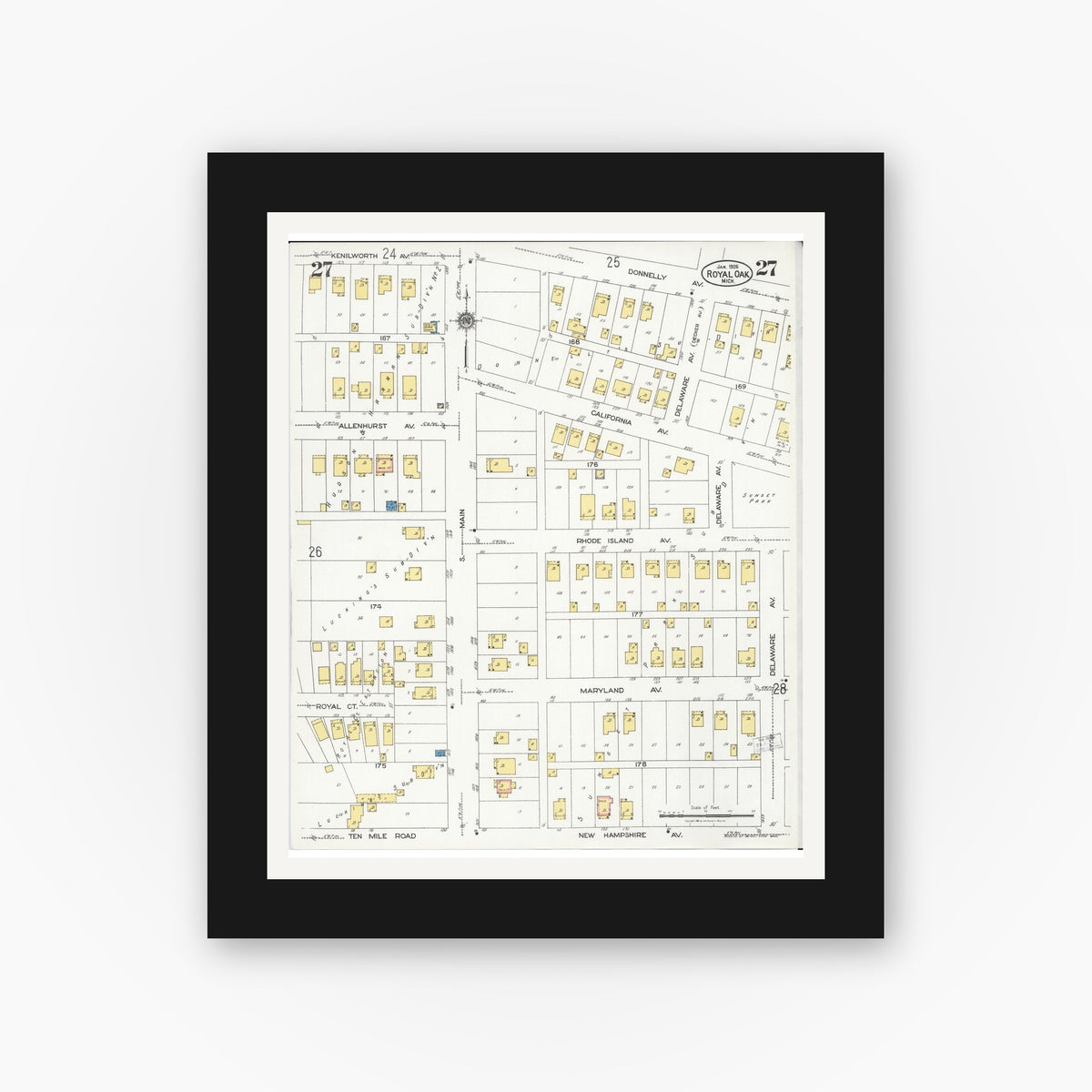 Old map wall art mockup — black gallery frame with white mat — Sanborn Fire Insurance Map from Royal Oak, Oakland County, Michigan (1926), Sheet #0027