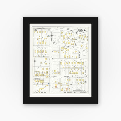 Old map wall art mockup — black gallery frame with white mat — Sanborn Fire Insurance Map from Royal Oak, Oakland County, Michigan (1926), Sheet #0027