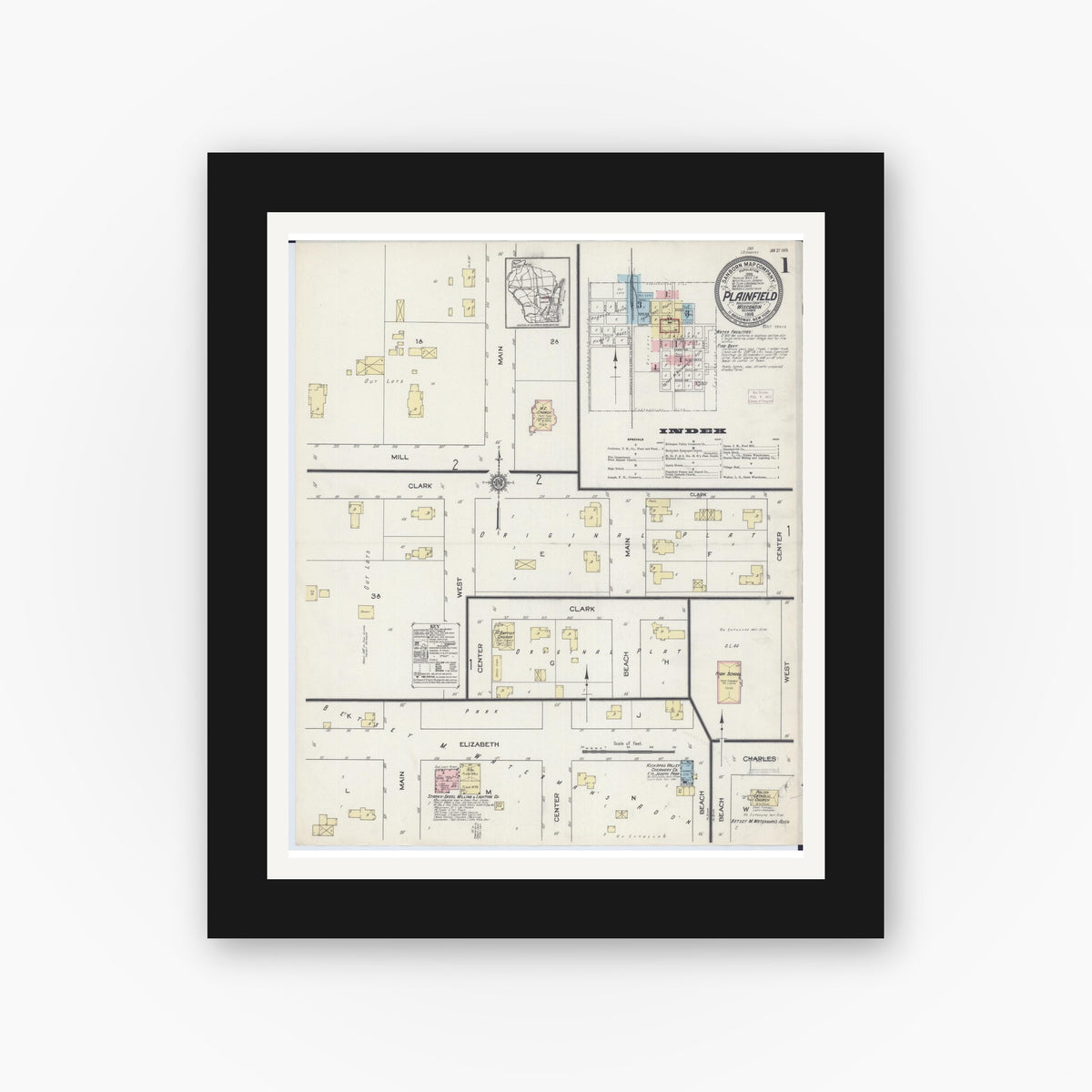 Old map wall art mockup — black gallery frame with white mat — Sanborn Fire Insurance Map from Plainfield, Waushara County, Wisconsin (1914) - Complete Map Set
